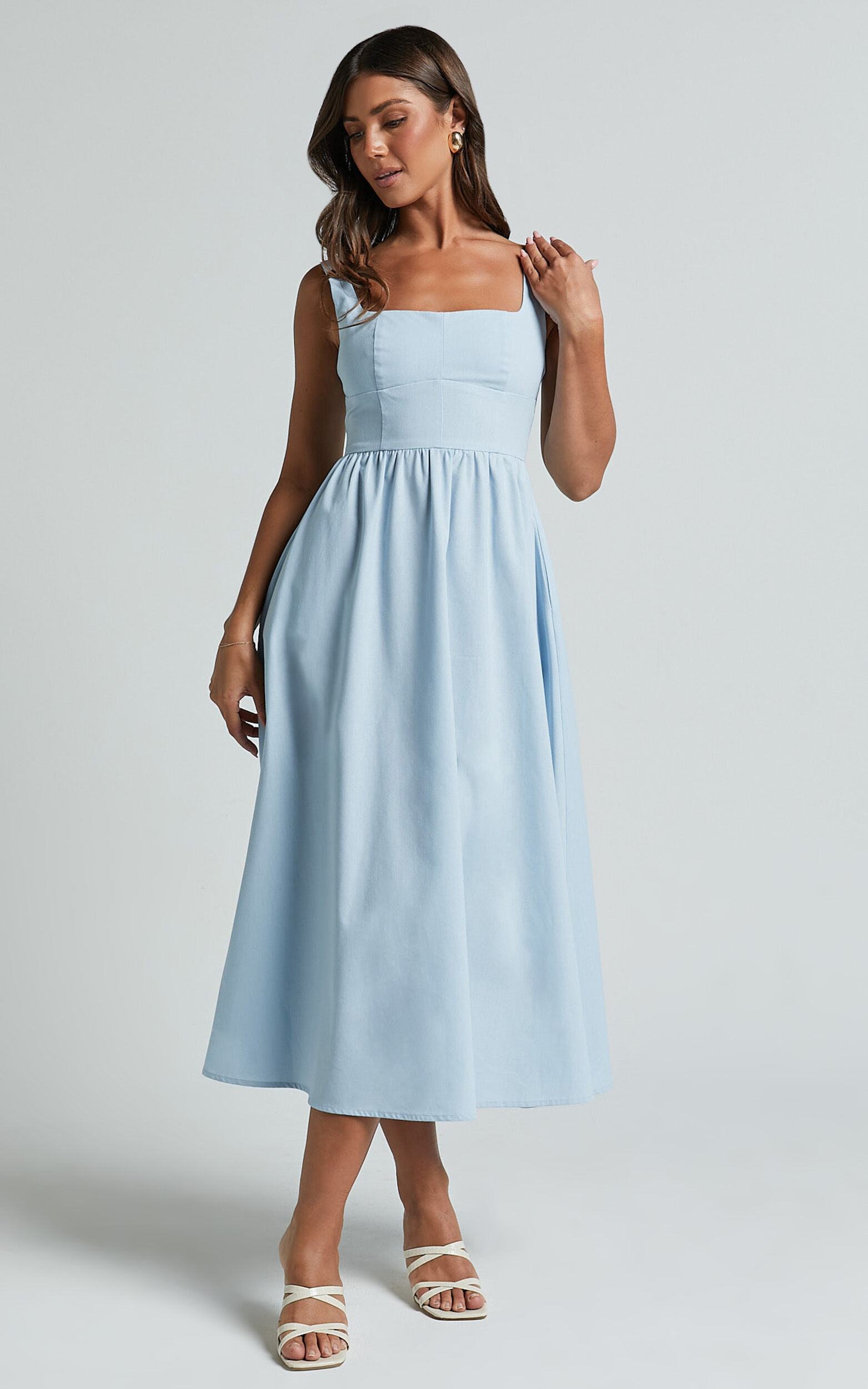 Khari Midi Dress - Linen Look Square A Line Dress in Blue