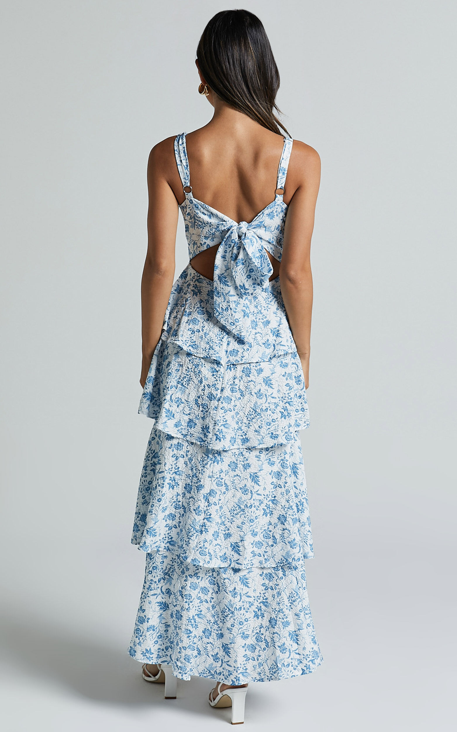 Lorma Midi Dress - Ruched Layered Dress in Blue Floral