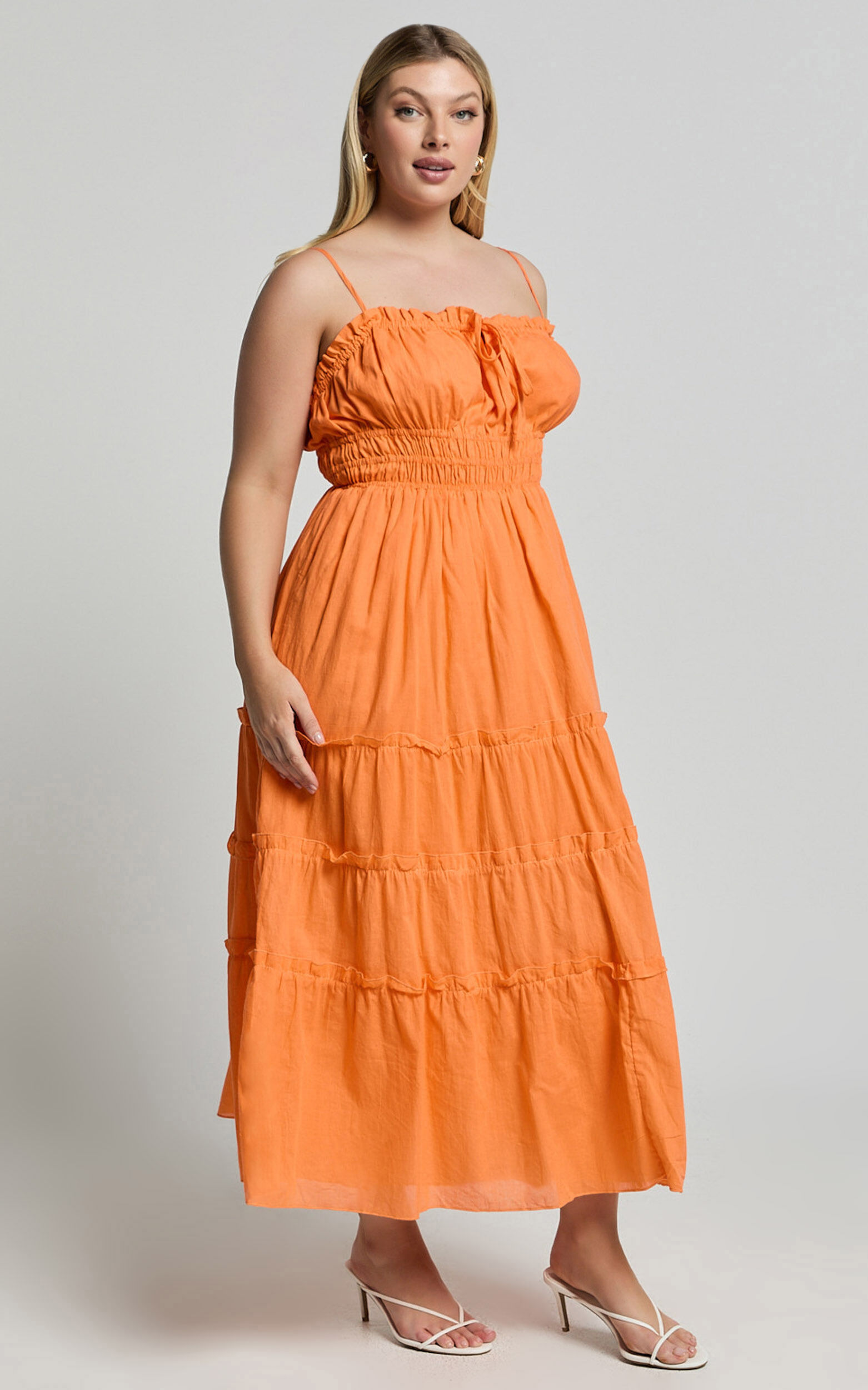 Schiffer Midi Dress - Strappy Ruched Tie Front Tiered Dress in Mandarin