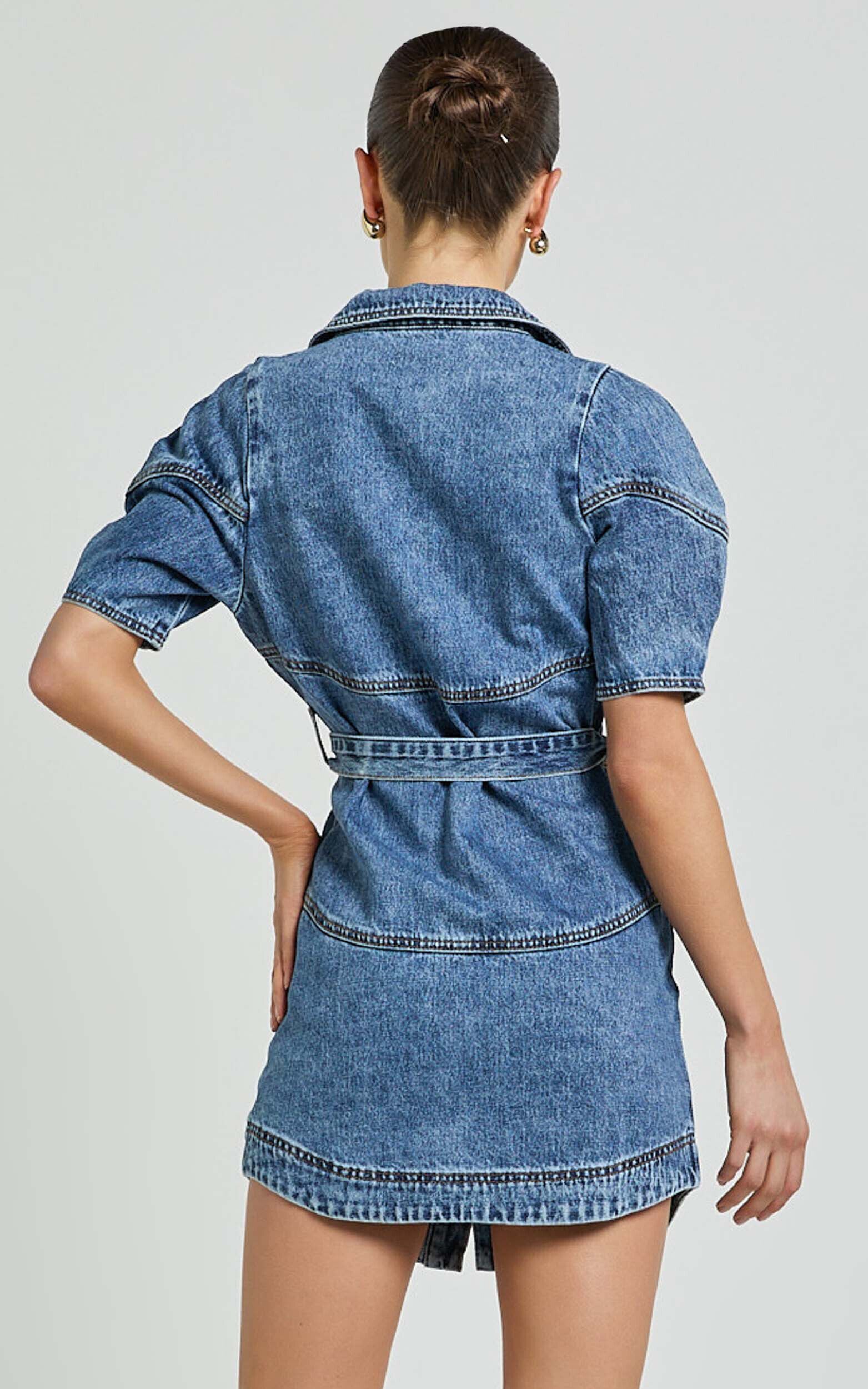 Cannes Mini Dress - Button Through Belted Recycled Denim Dress in Mid Blue Wash