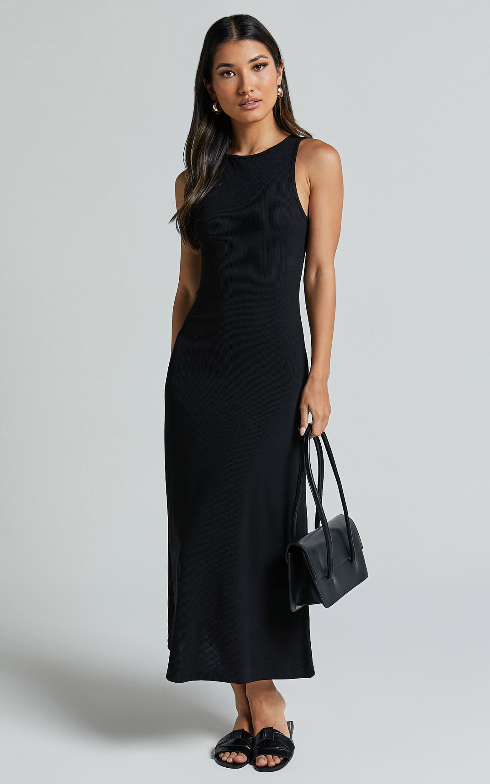 Rodolphe Midi Dress - Crew Neck Ribbed Sleeveless in Black