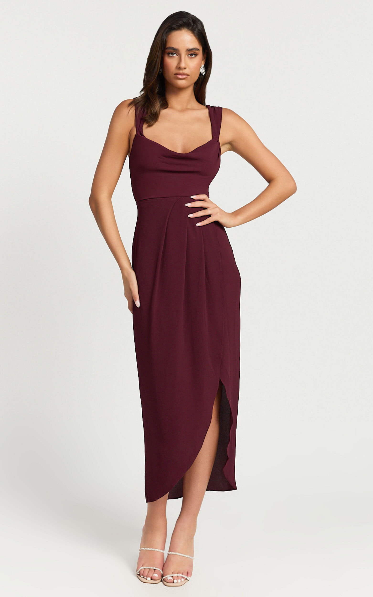 Wenalyn Midi Dress - Cowl Neck Draped Dress in Wine