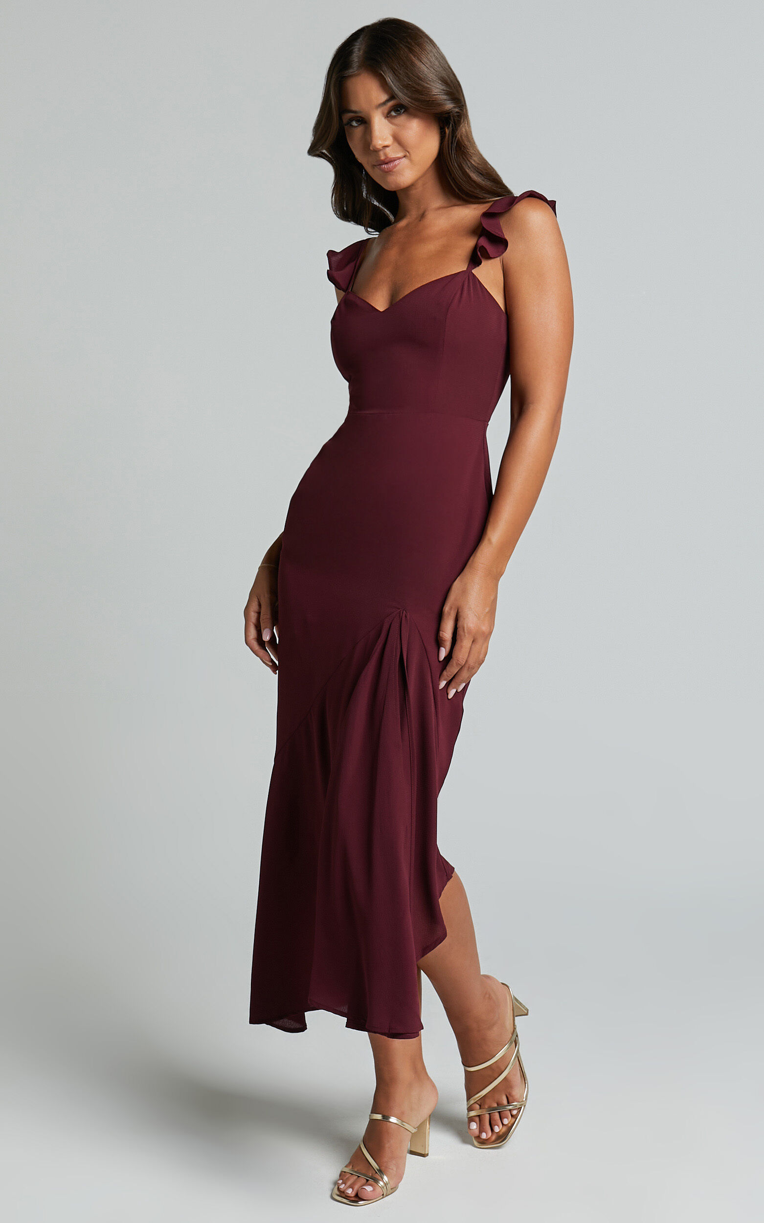 Morgan Midi Dress - Frill Asymmetric Split Dress in Grape