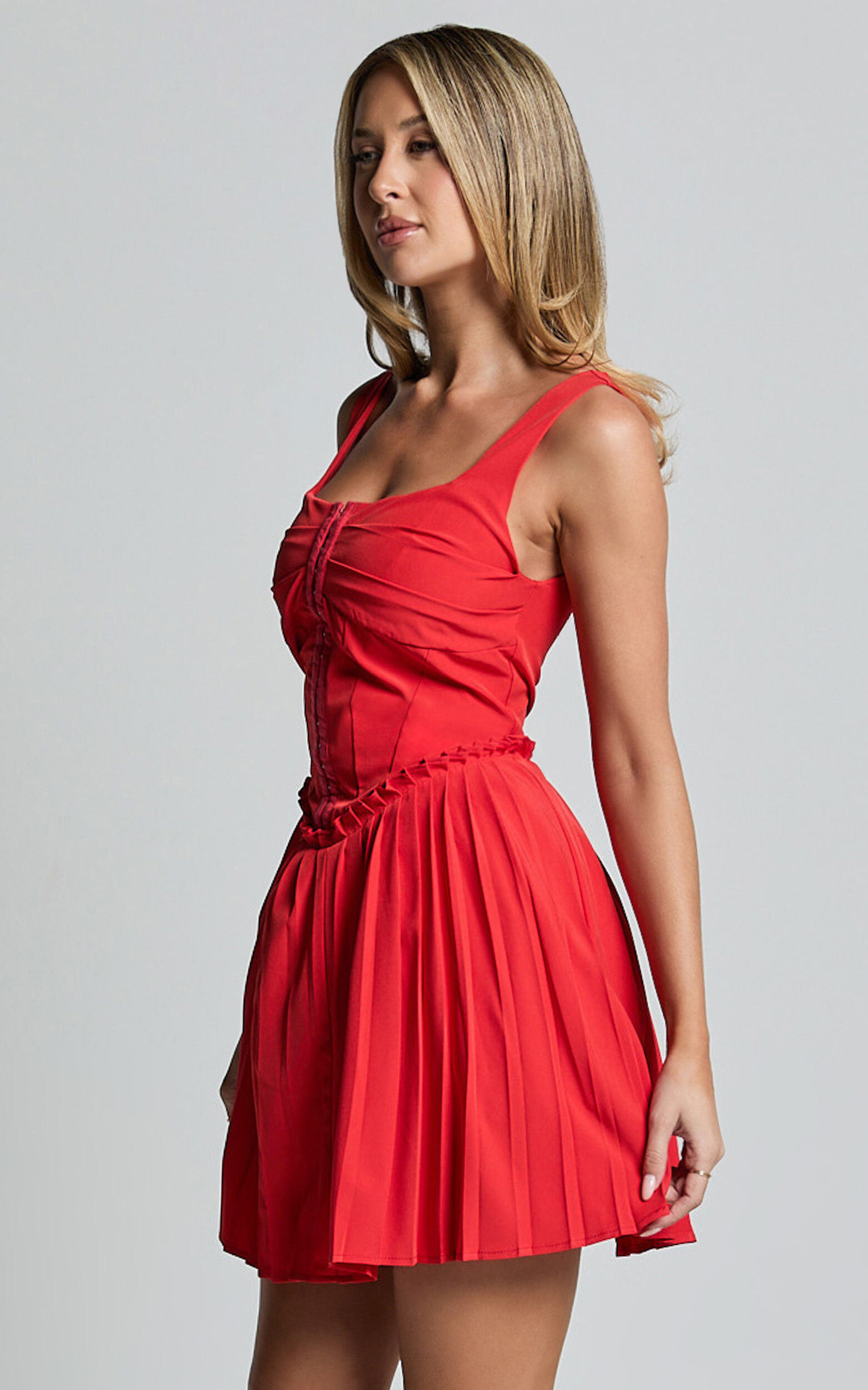 Adana Mini Dress - Fit and Flare Eyelet Corset Detail Mini Dress in Red