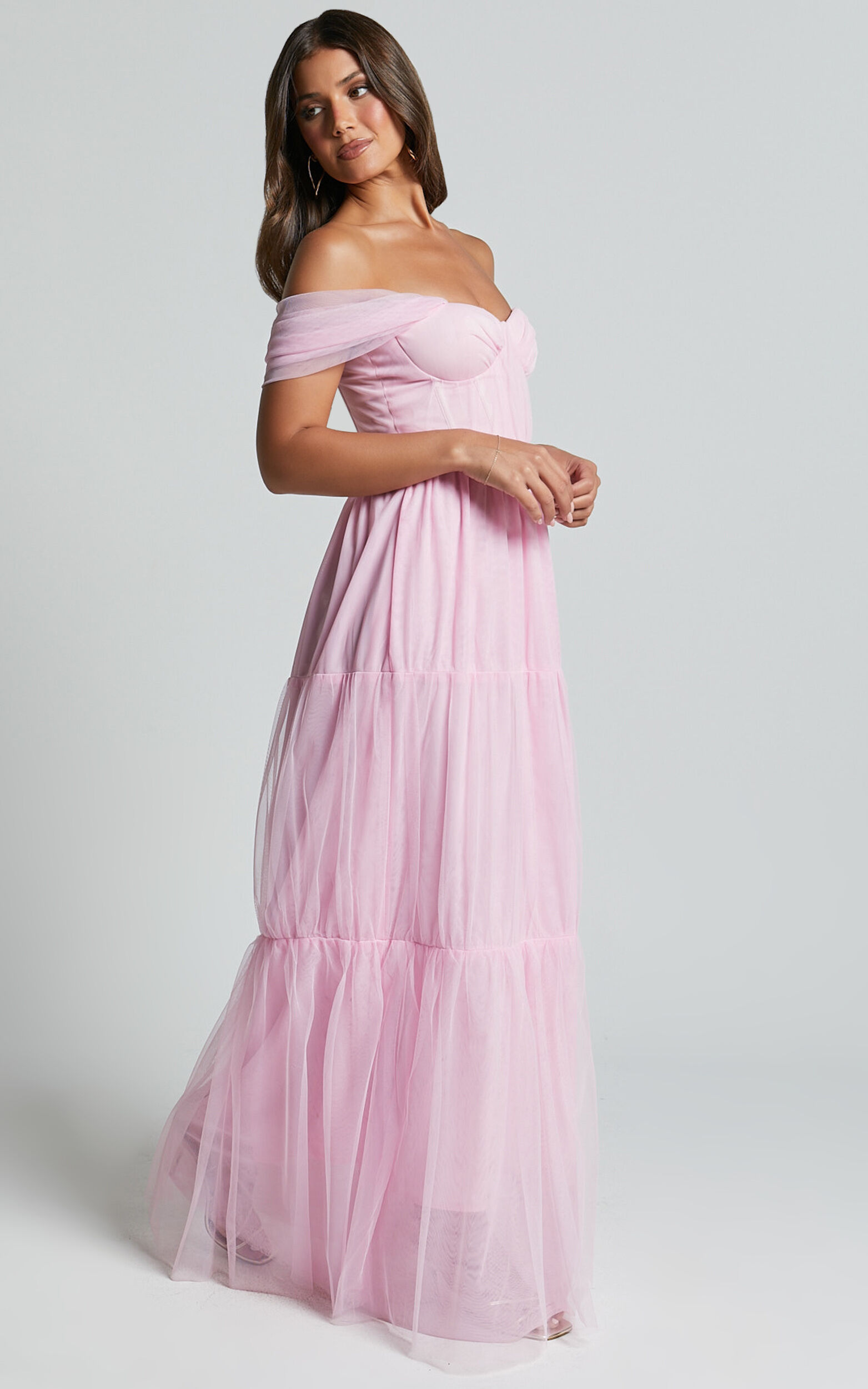 Ontario Maxi Dress - Off Shoulder Corset Bodice Tulle Dress in Ballet Pink