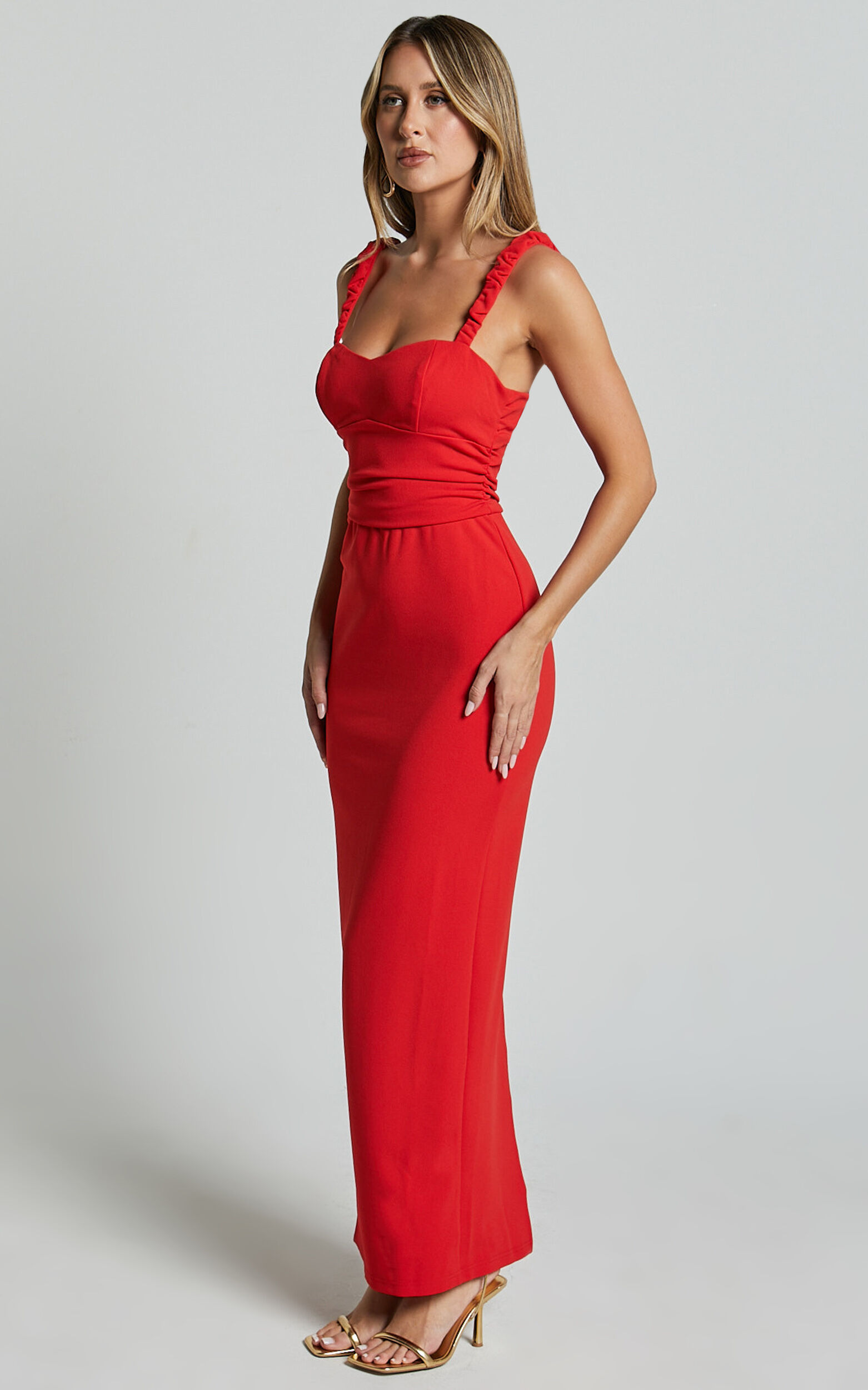 Tahlia Midi Dress - Sweetheart Ruched Dress in Red