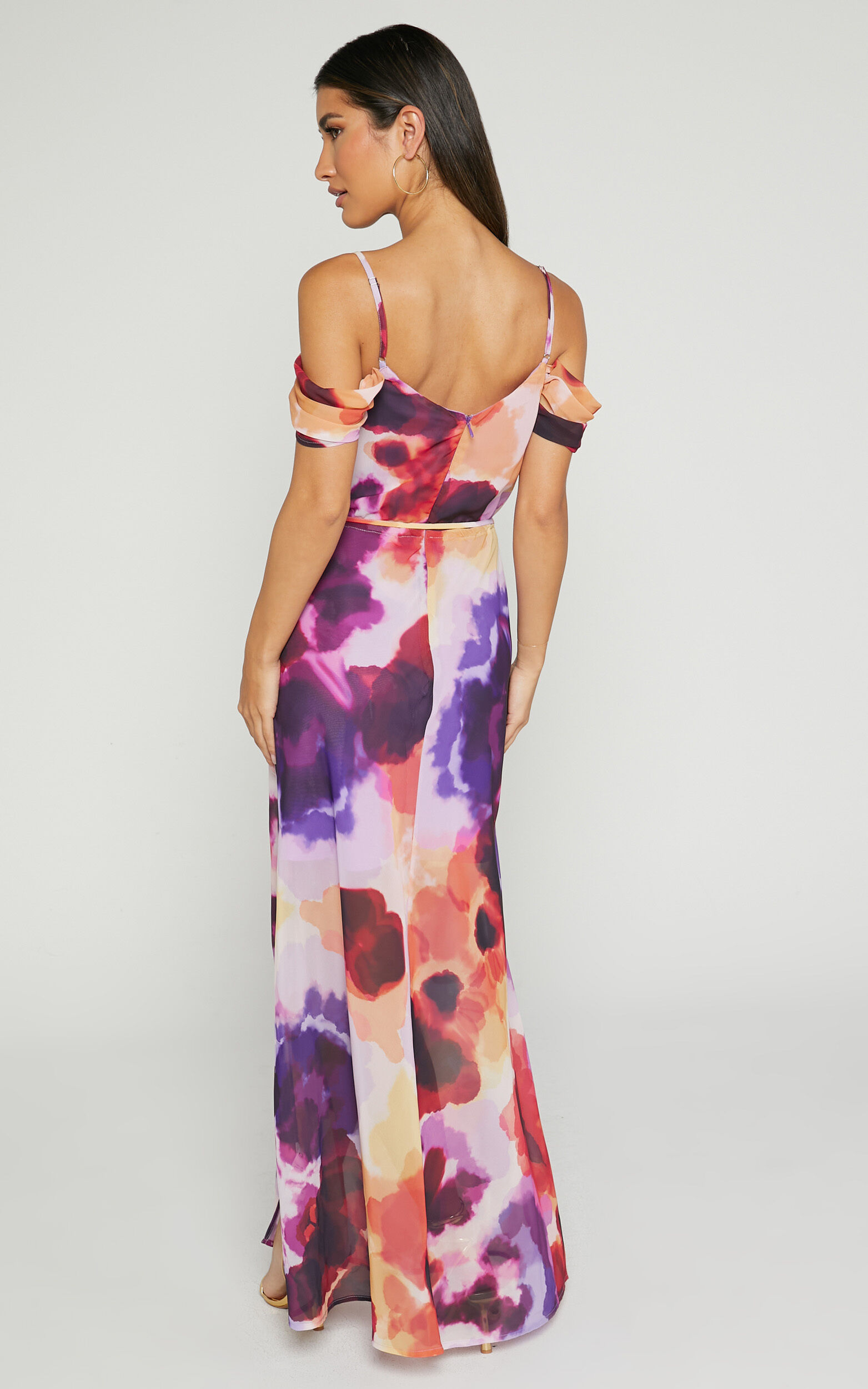 Keira Midi Dress - Draped Off the Shoulder Dress in Watercolour Floral