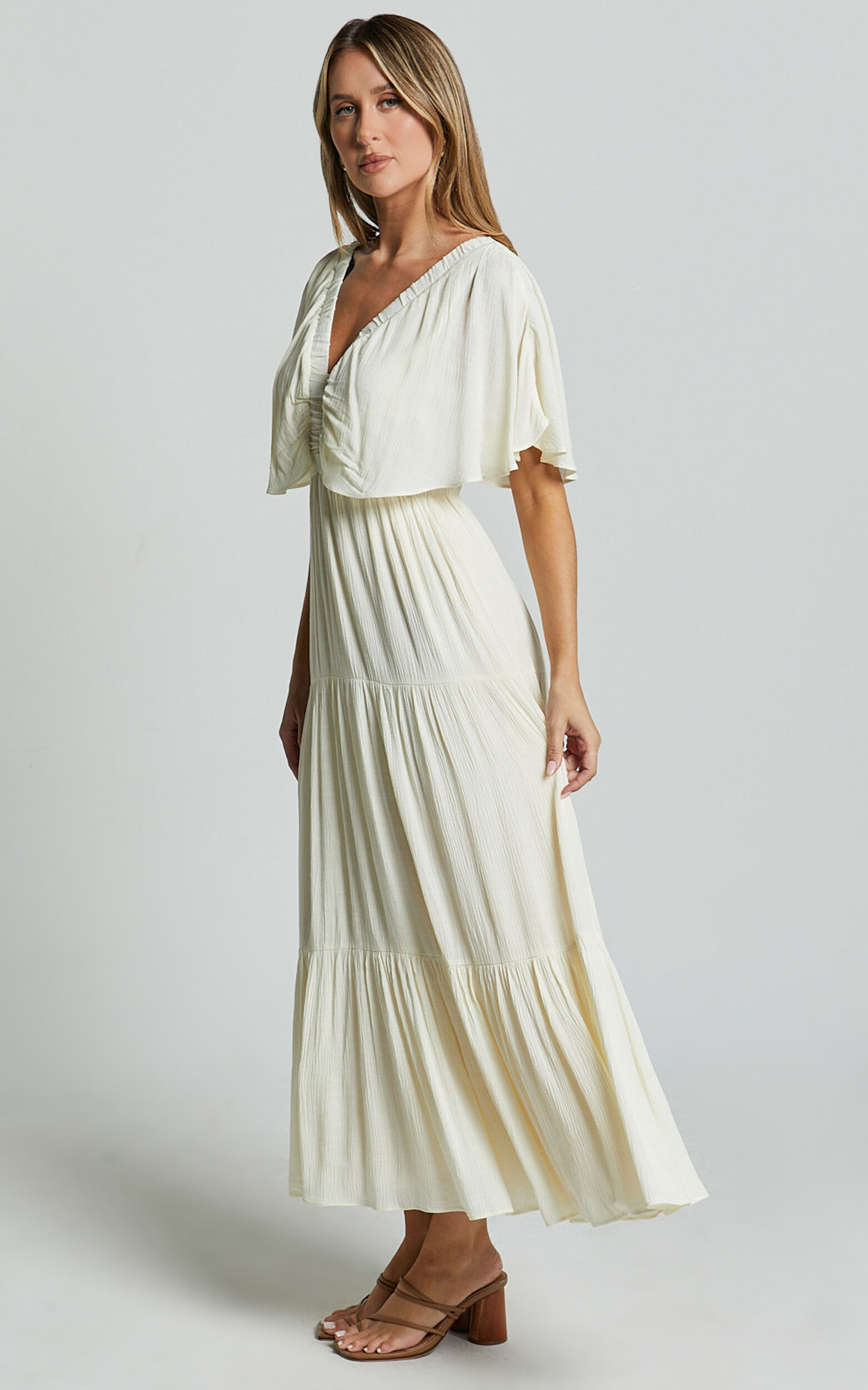 Danny Midi Dress - Ruffle Sleeve Tiered Dress in Natural