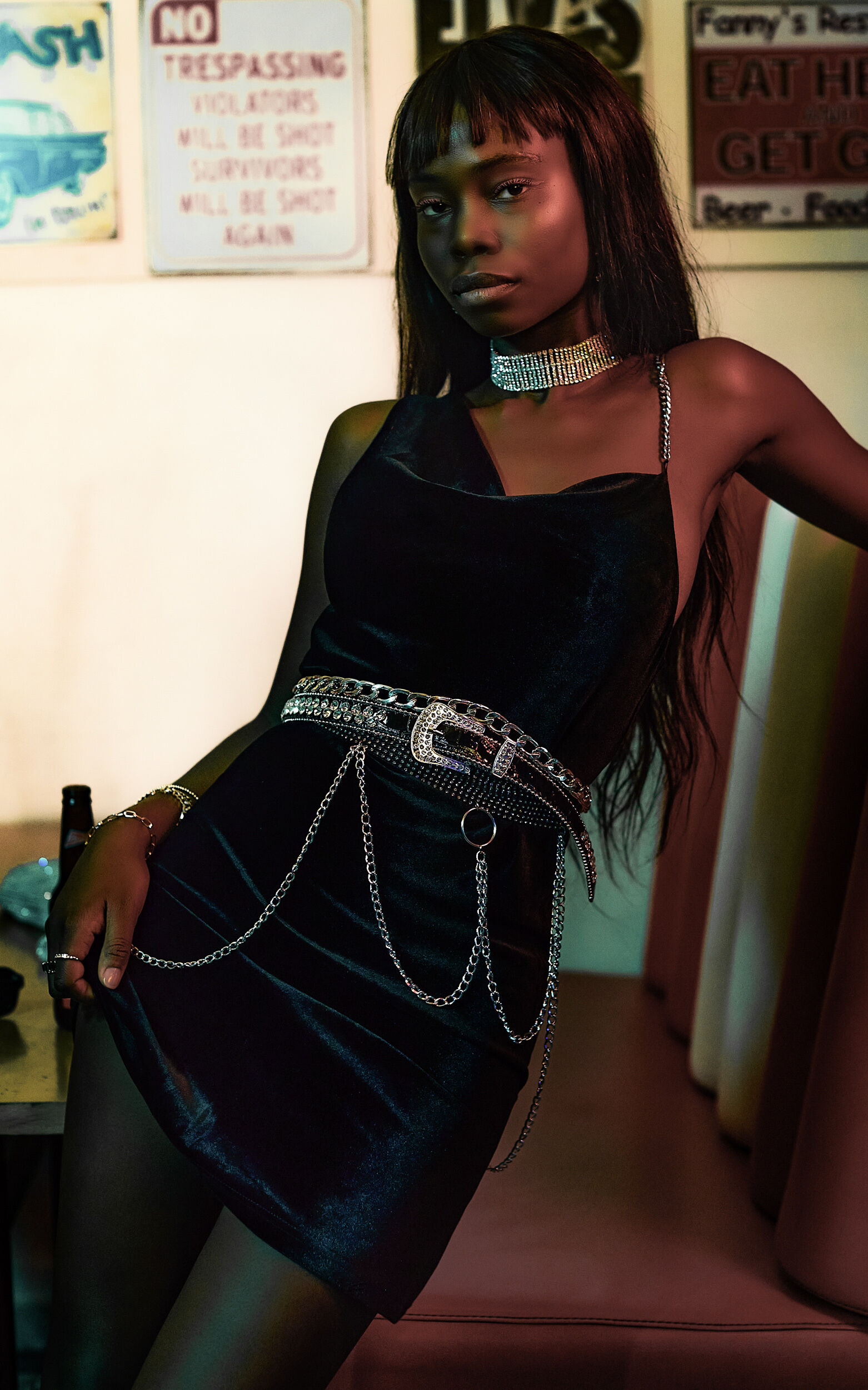 Asher Mini Dress - Asymmetric Neckline Chain Strap Velvet Dress in Black