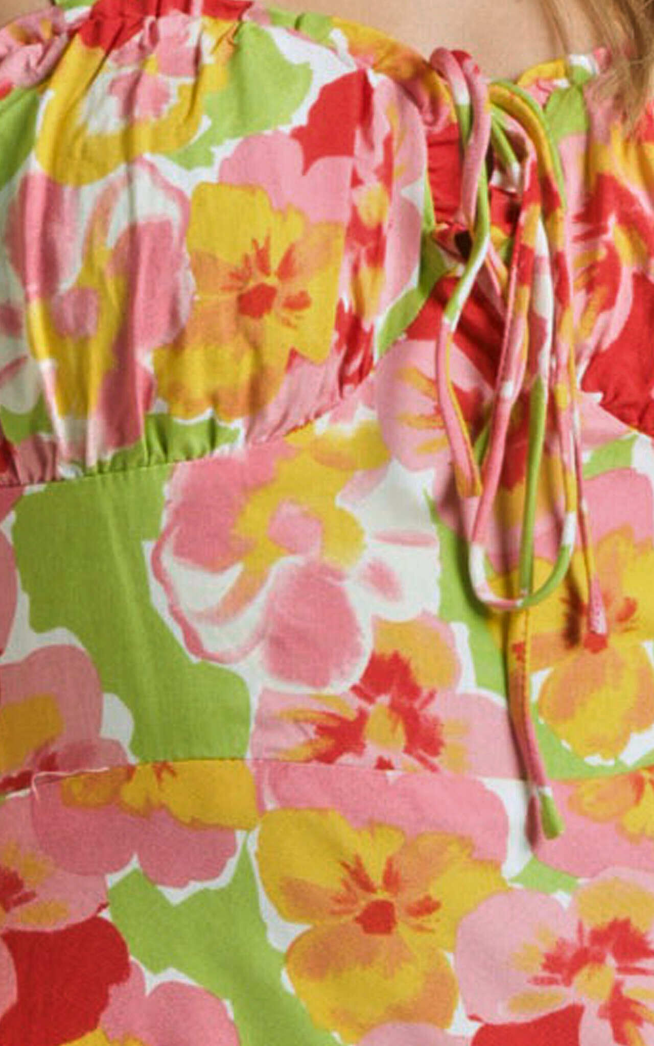 Elmerie Midi Dress - Sleeveless Tie Neck Front Dress in Green Floral Print