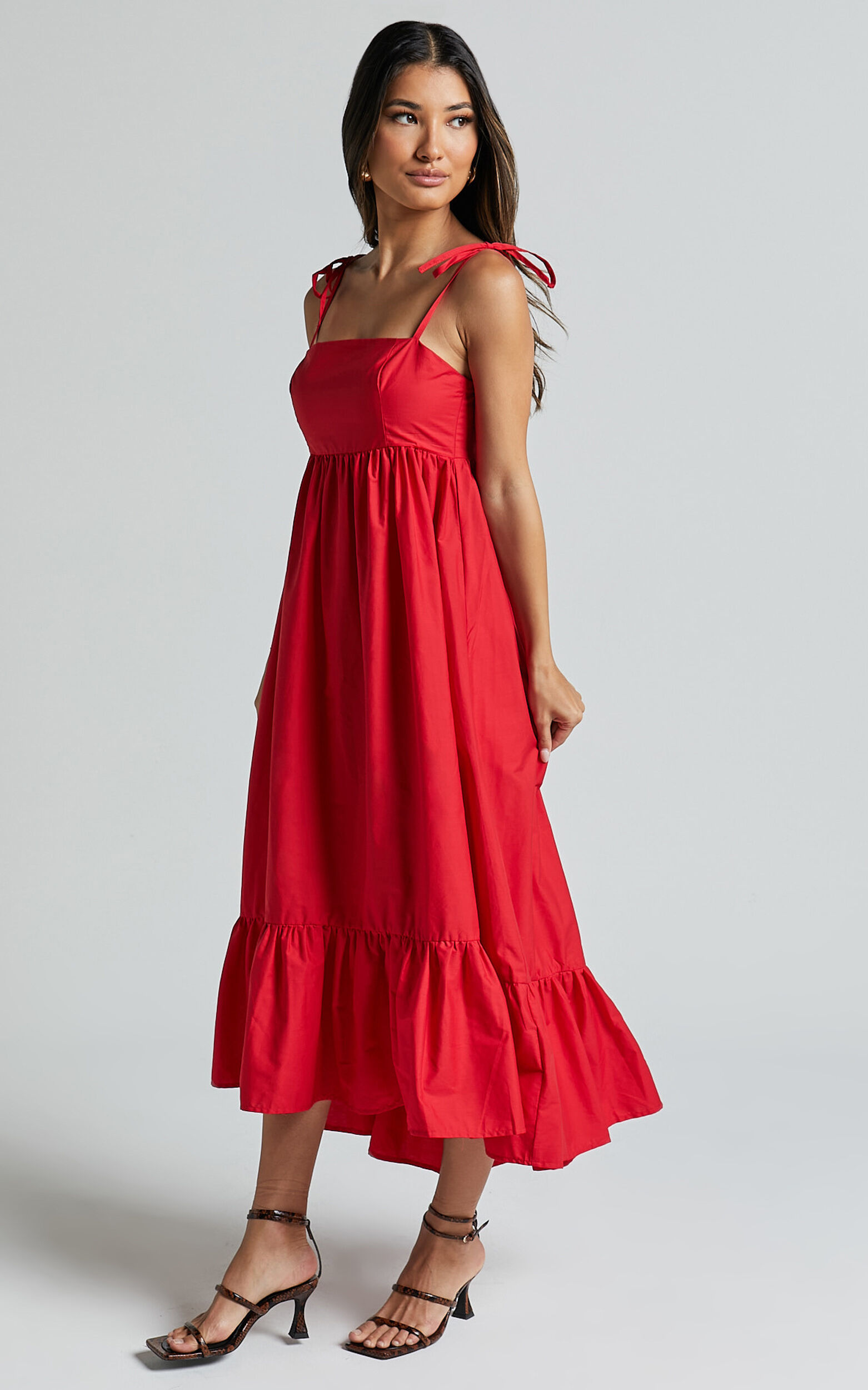 Aveiro Midi Dress - Straight Neck Shoulder Tie High Low Ruffle Hem in Red