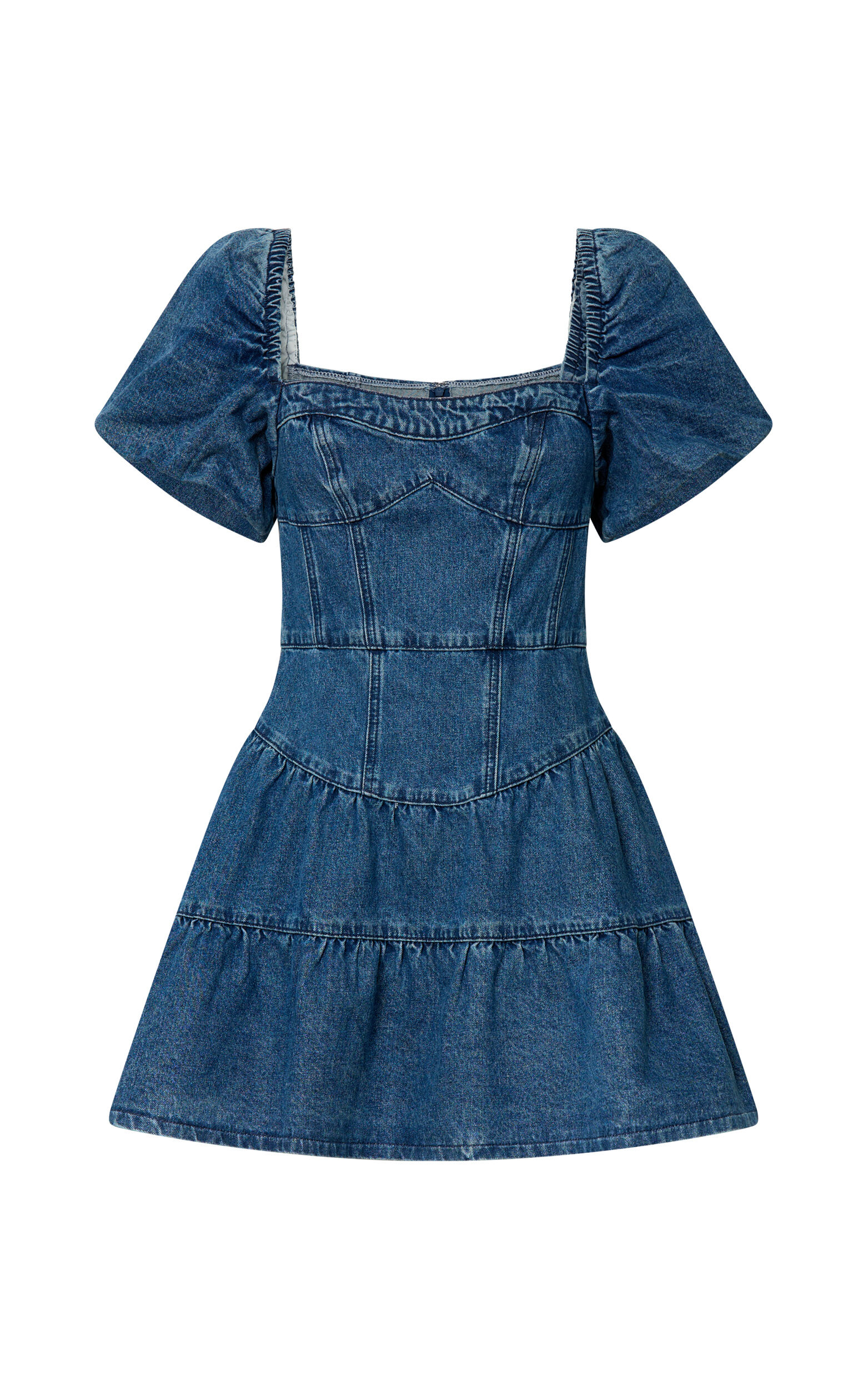 Gia Mini Dress - Short Puff Sleeve Tiered Denim Dress in Dark Blue Wash