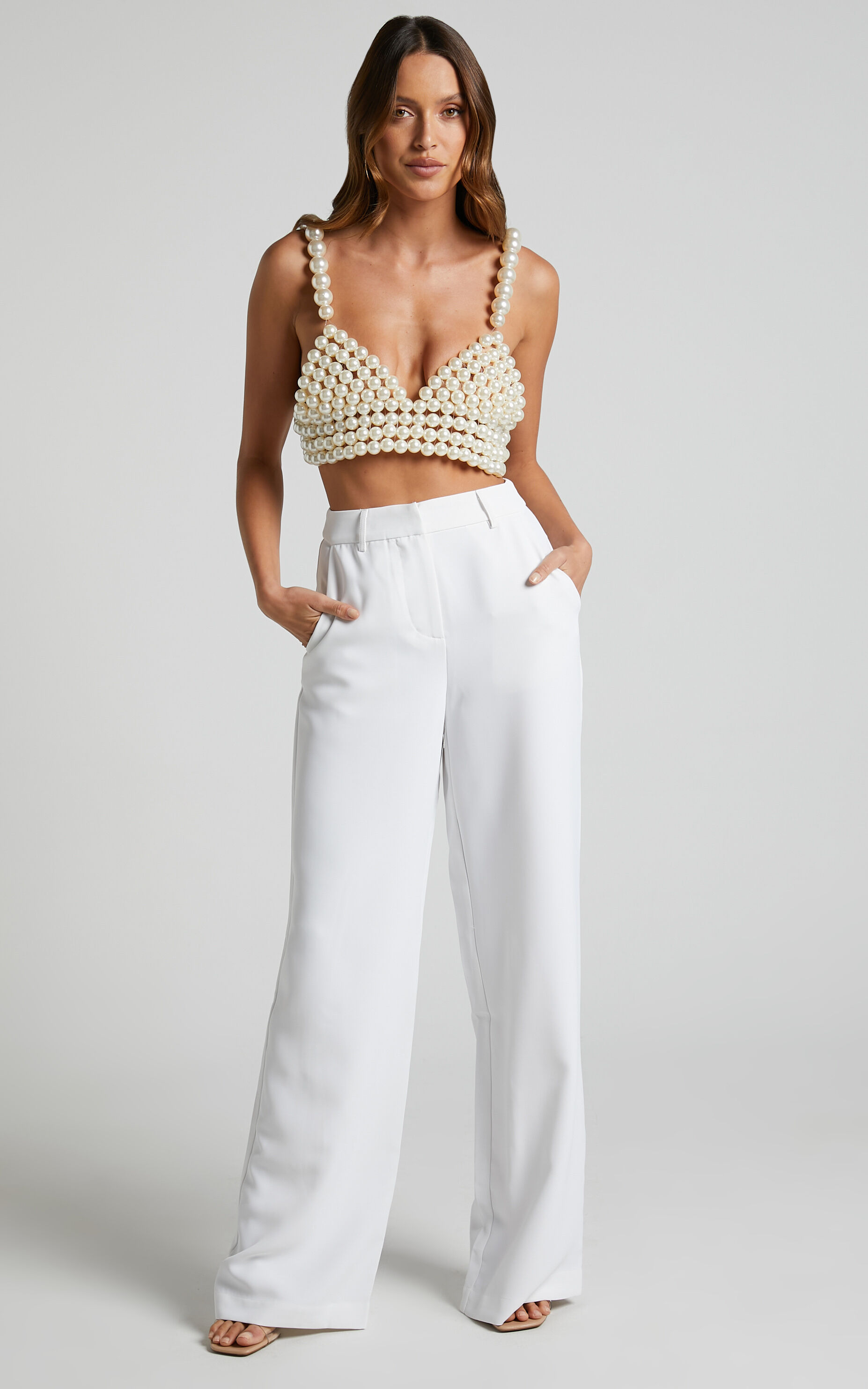 Bonnie Pants - High Waisted Tailored Wide Leg Pants in White