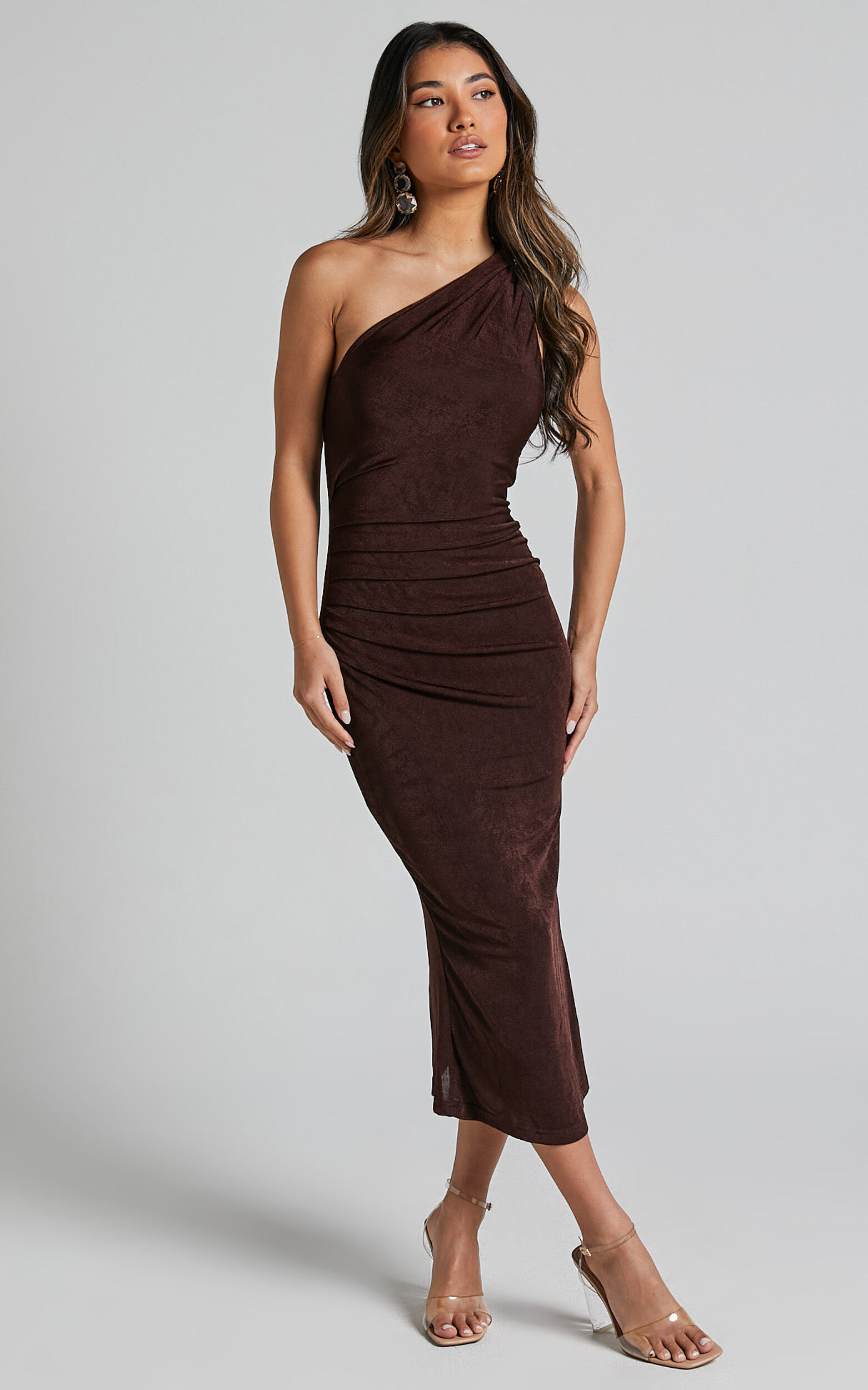 Arietty Midi Dress - One Shoulder Asymmetrical Ruched Dress in Chocolate