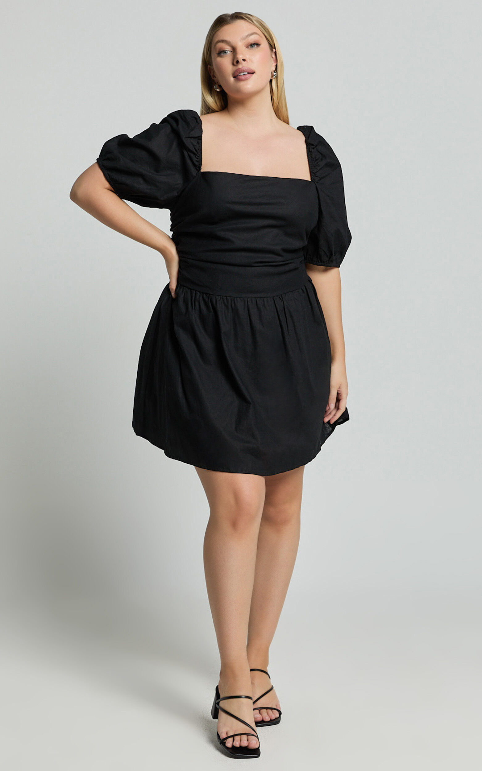 Claudina Mini Dress - Linen Look Puff Sleeve Ruched Bodice Dress in Black