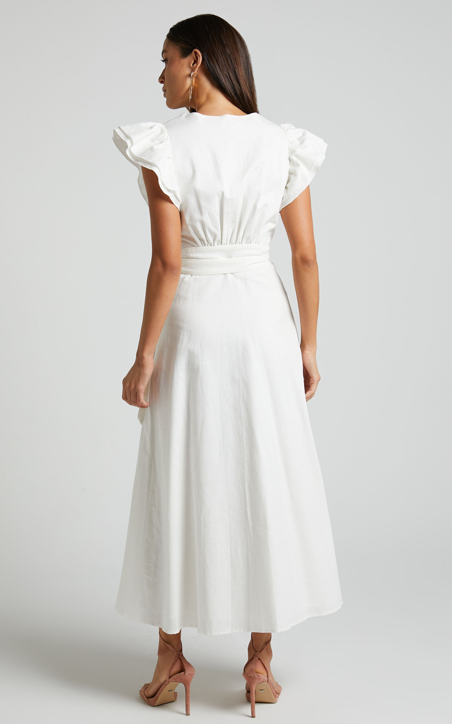 Amalie The Label - Palmer Linen Blend Frill Sleeve Wrap Dress in White