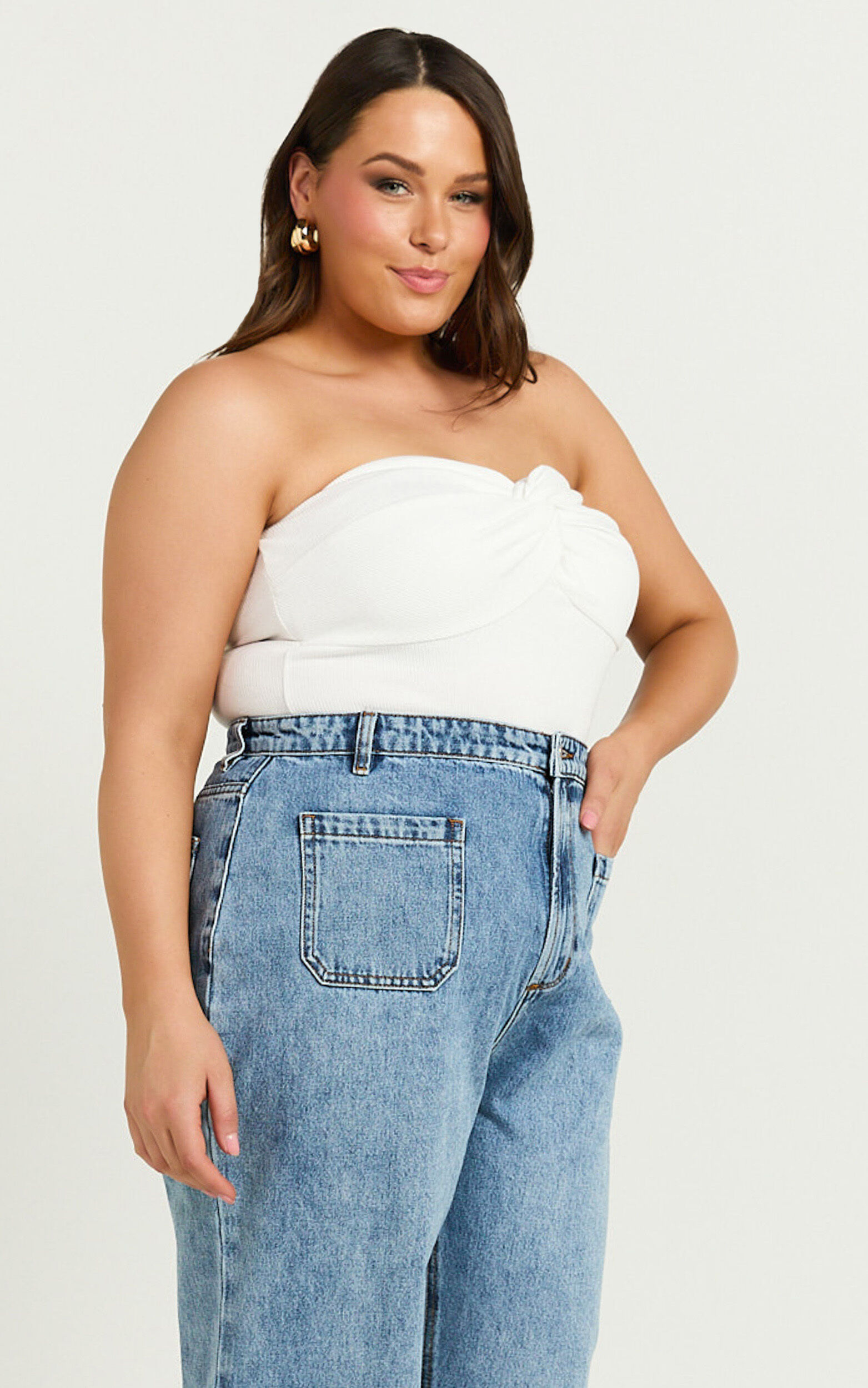 Jelena Top - Jersey Strapless Twist Front Top in White