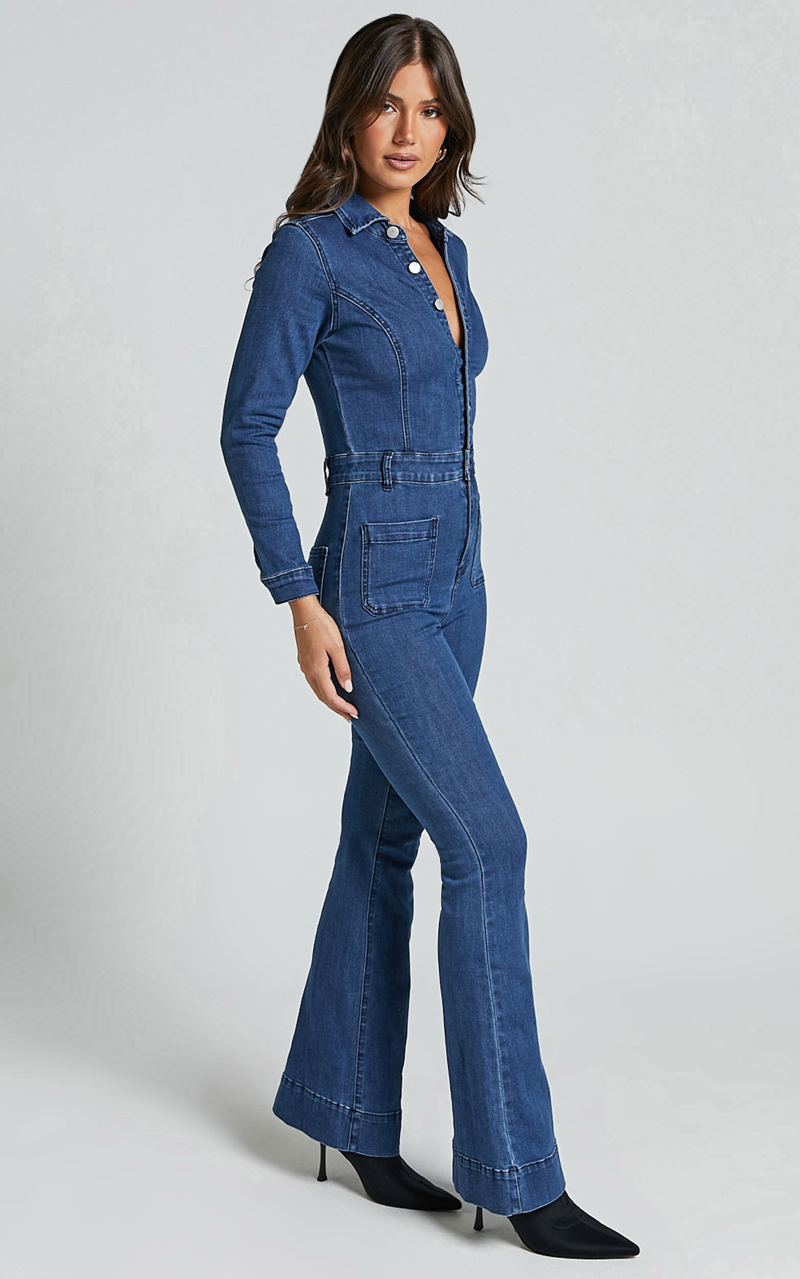 Vivi Jumpsuit - Button Front Wide Leg Denim Jumpsuit in Indigo Wash