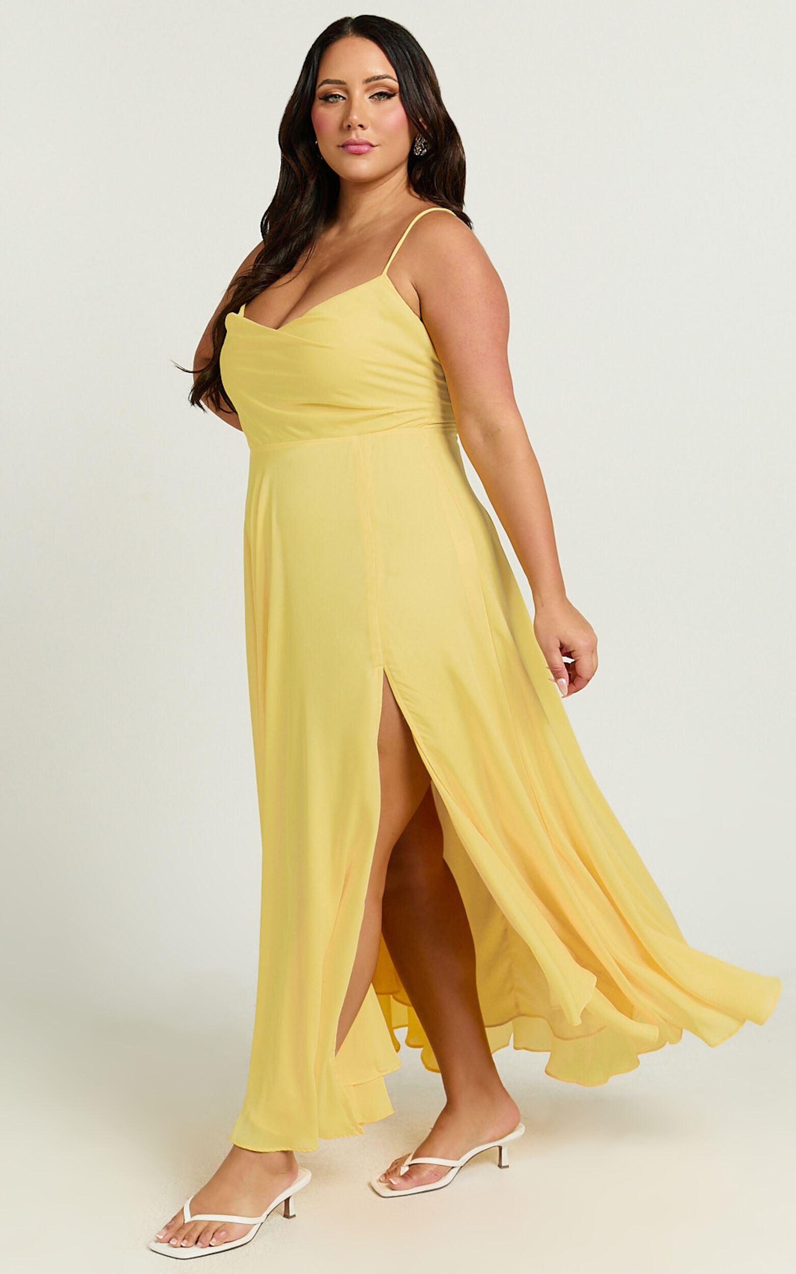Celestine Midi Dress - Lace Up Back Cowl Neck Dress in Lemon