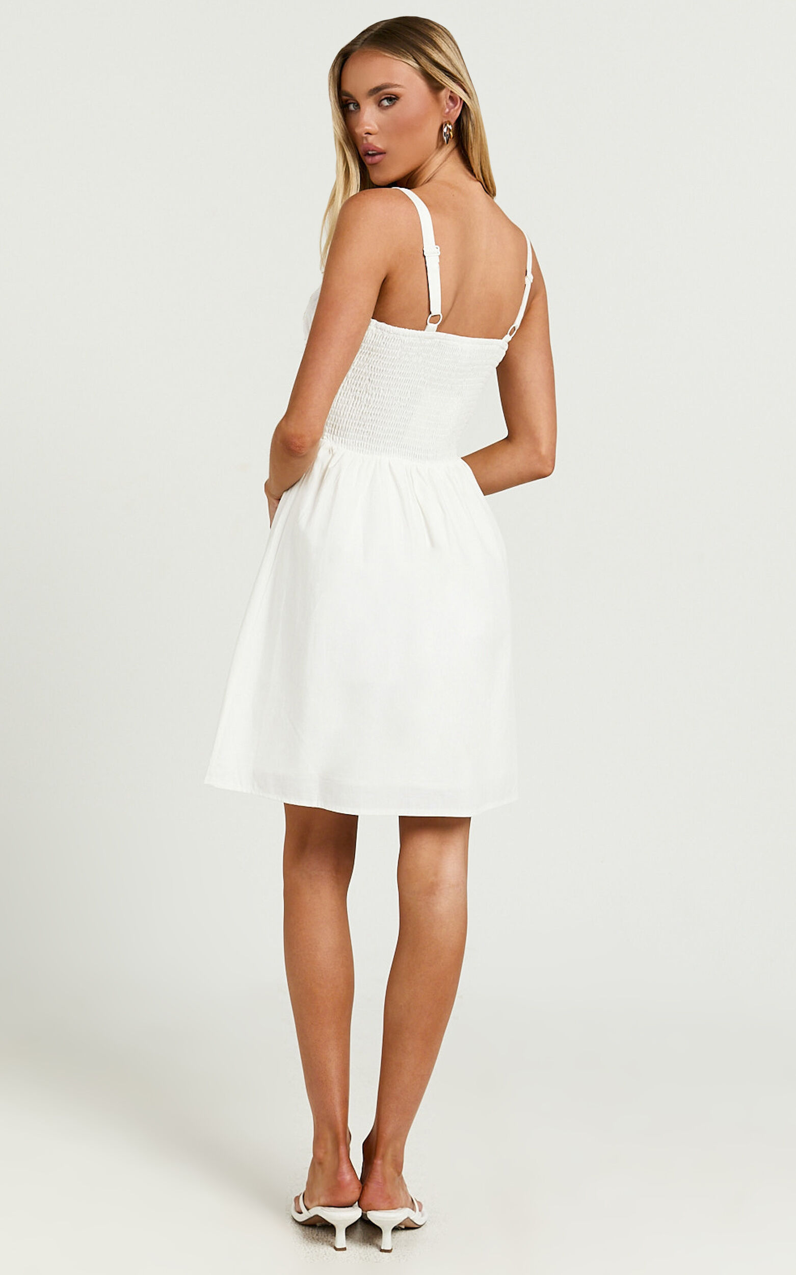 Maiya Mini Dress - Tie Front Fitted Bodice Dress in White