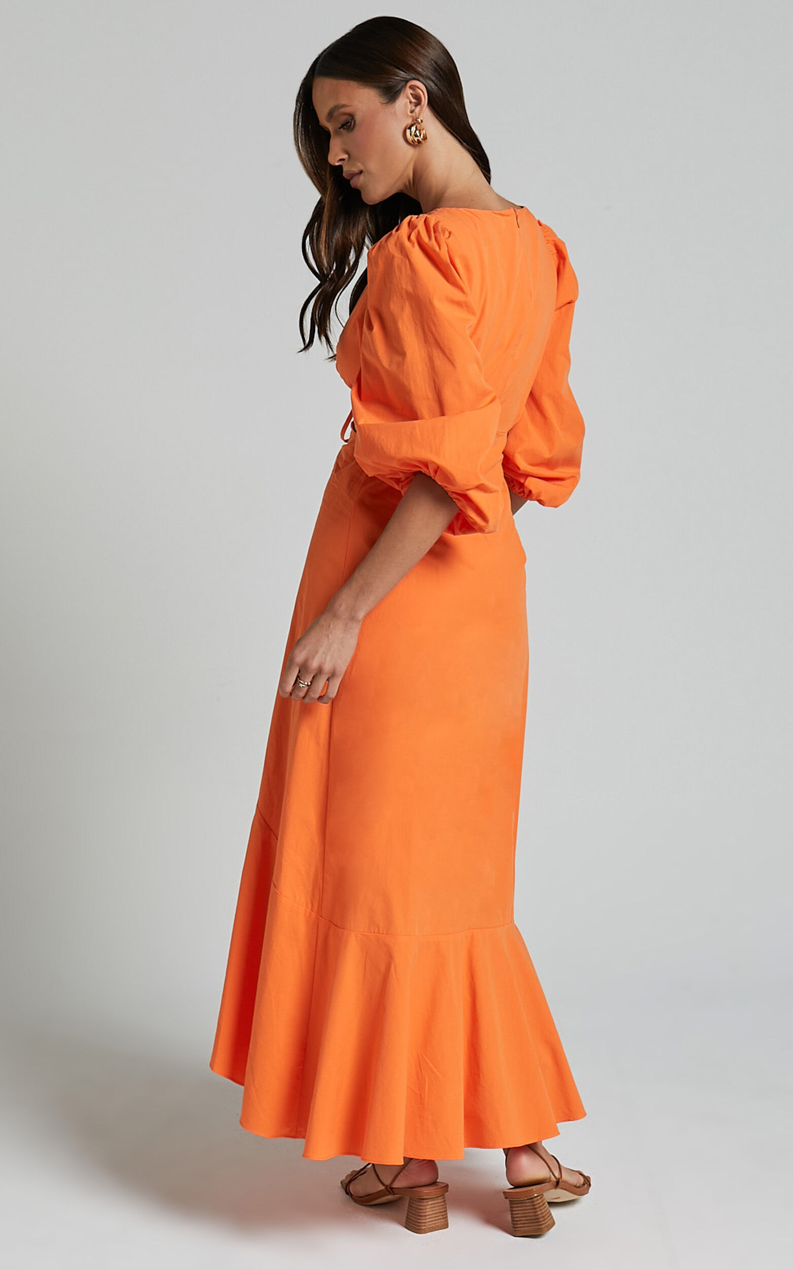 Djibouti Midi Dress - Puff Sleeve Cut Out Dress in Orange