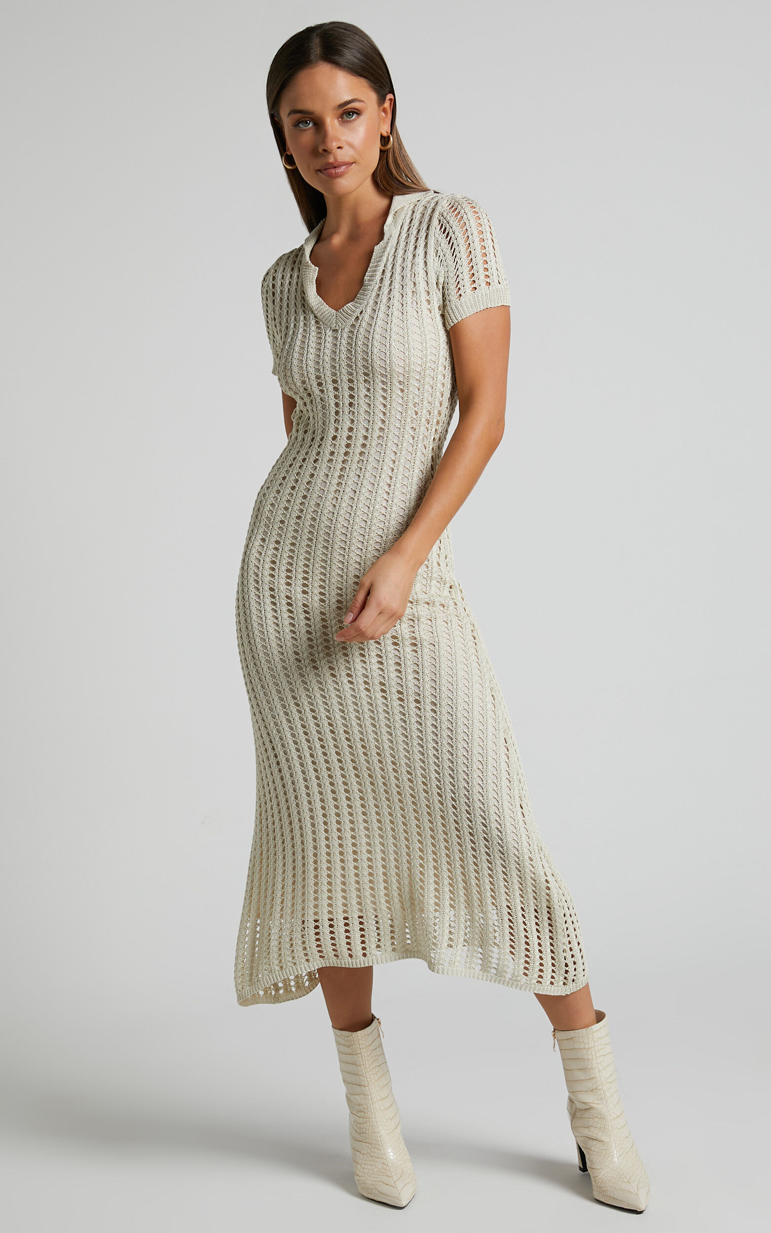 Jolie Midi Dress - Crochet Collared Short Sleeve Dress in Cream