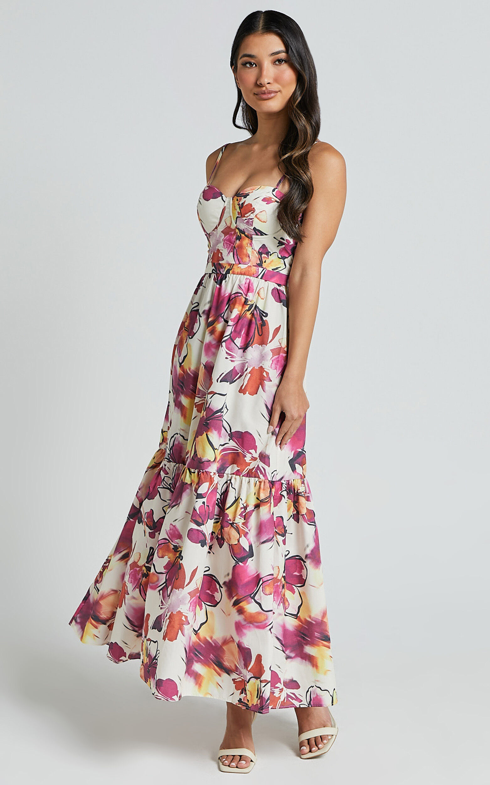 Adara Midi Dress - Strappy Bustier Dress in Dahlia Dusk Floral