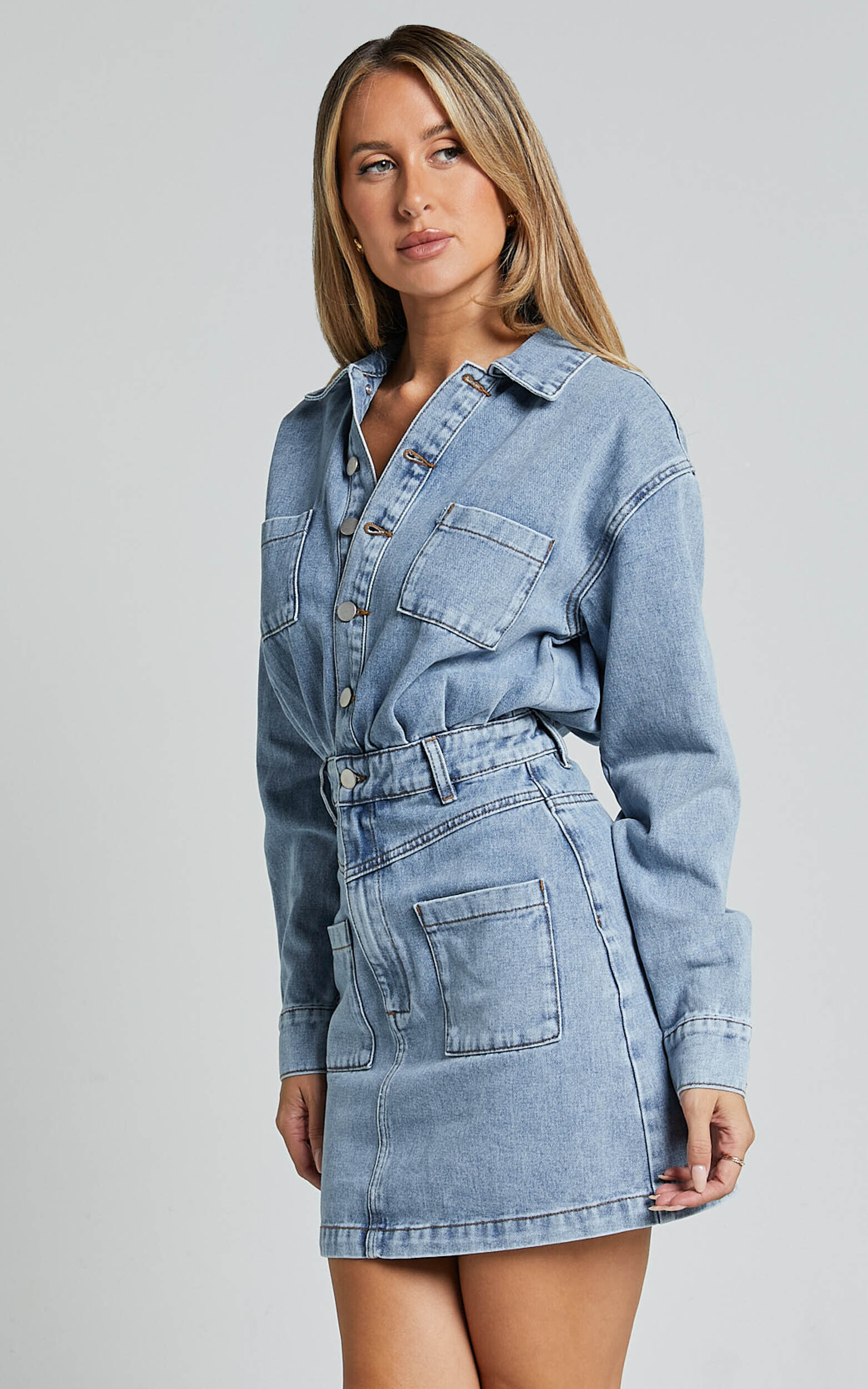 Kamala Mini Dress - Long Sleeve Button Through Denim Dress in Light Blue Wash