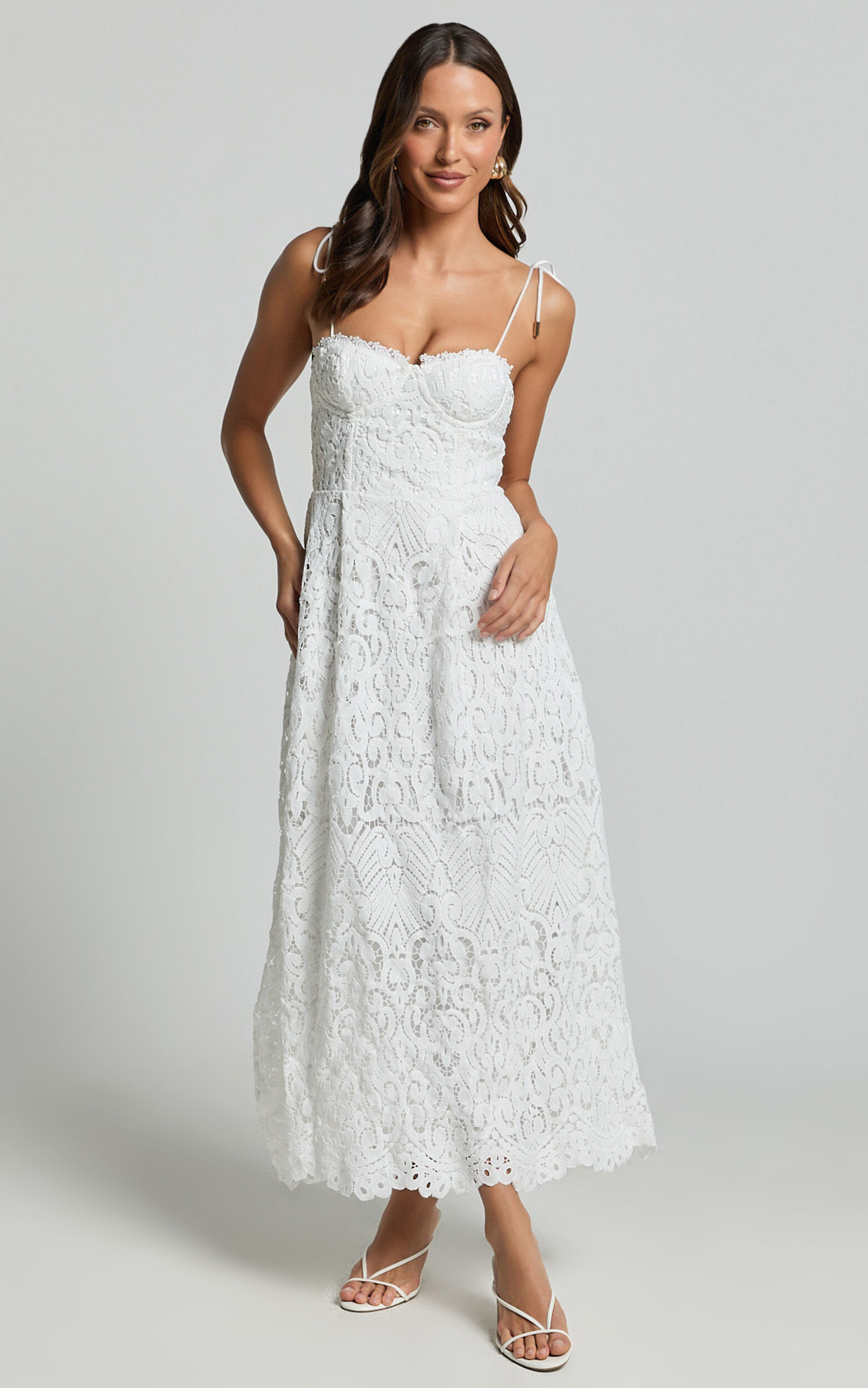Leanne Midi Dress - Tie Shoulder Corset Lace Dress in White