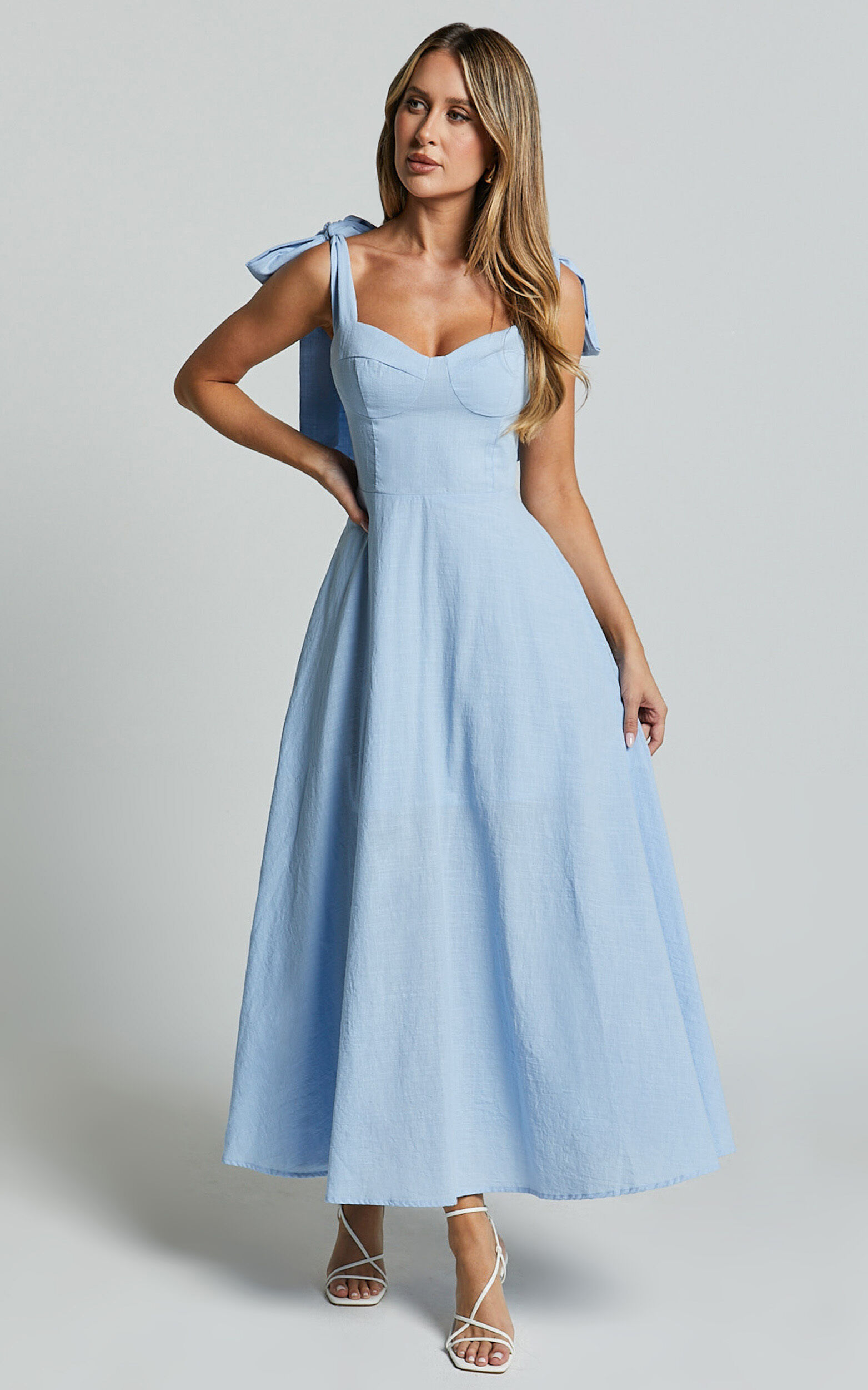 Tymia Midi Dress - Shoulder Tie Bustier Shirred Back A Line in Pastel Blue