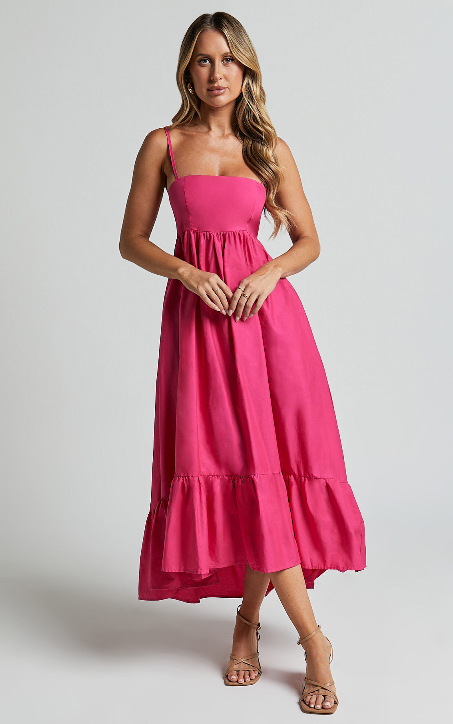 Aveiro Midi Dress - Straight Neck Shoulder Tie High Low Ruffle Hem in Raspberry