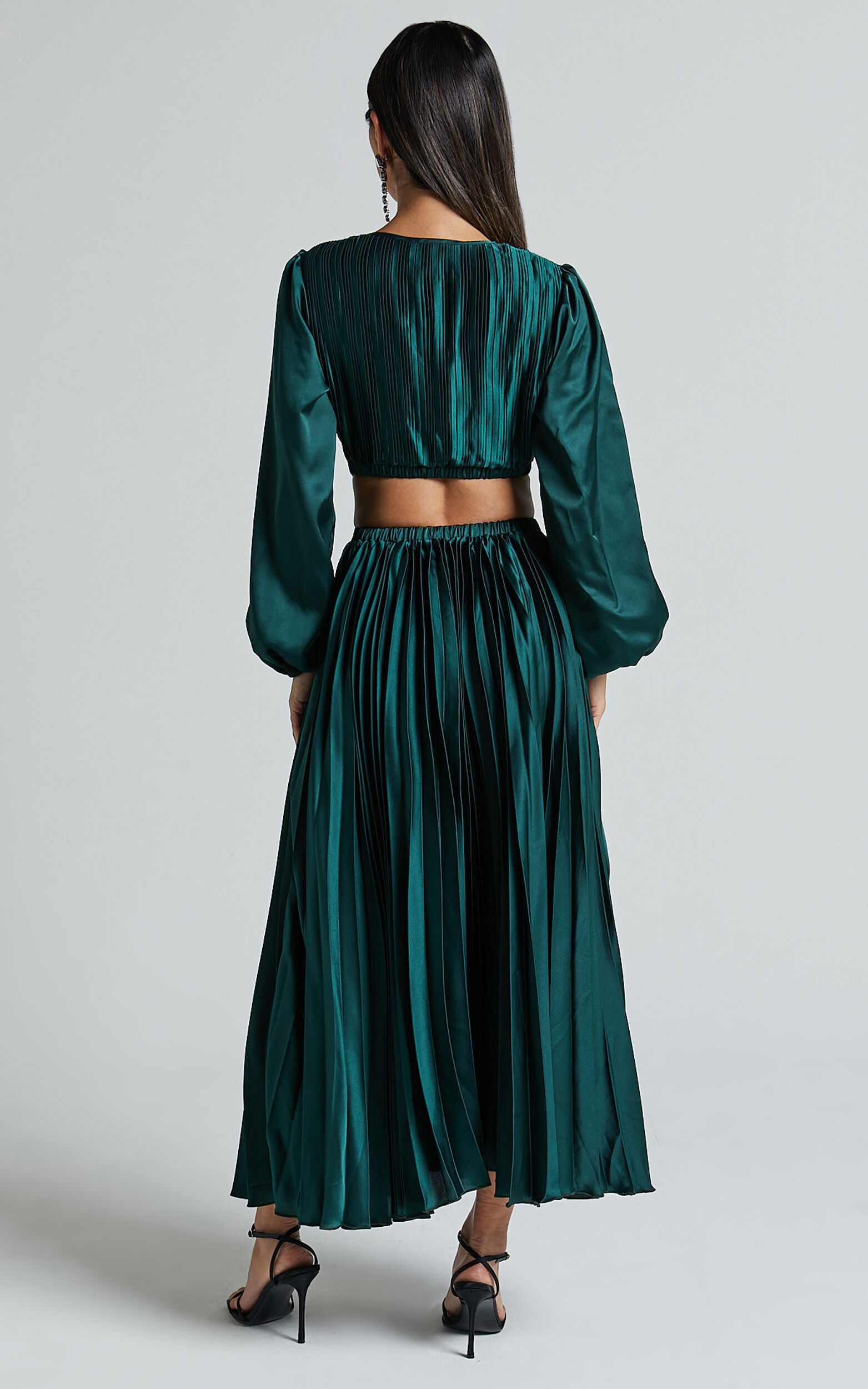 Jade Midi Dress - Side Cut Out Pleated Balloon Sleeve Dress in Emerald Green
