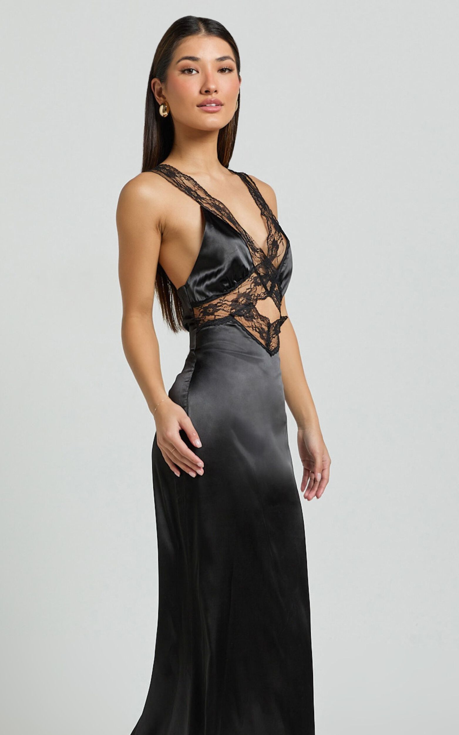 Alysia Maxi Dress - V Neck Lace Detail Slip Dress in Black