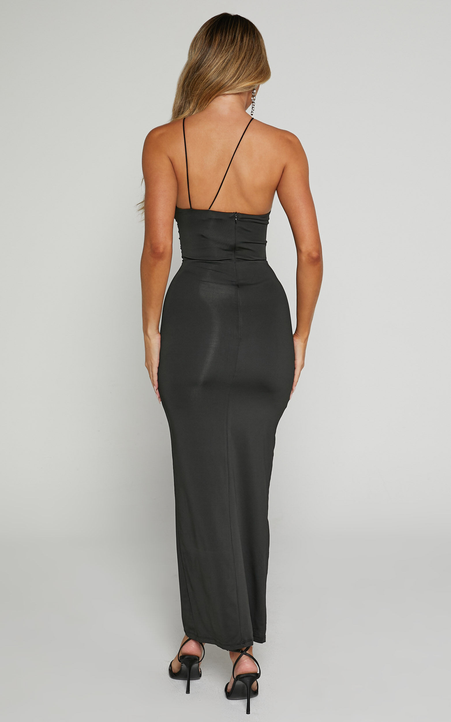 Teagan Midi Dress - Bodycon Ruched Asymmetric Strap Rosette Dress in Black
