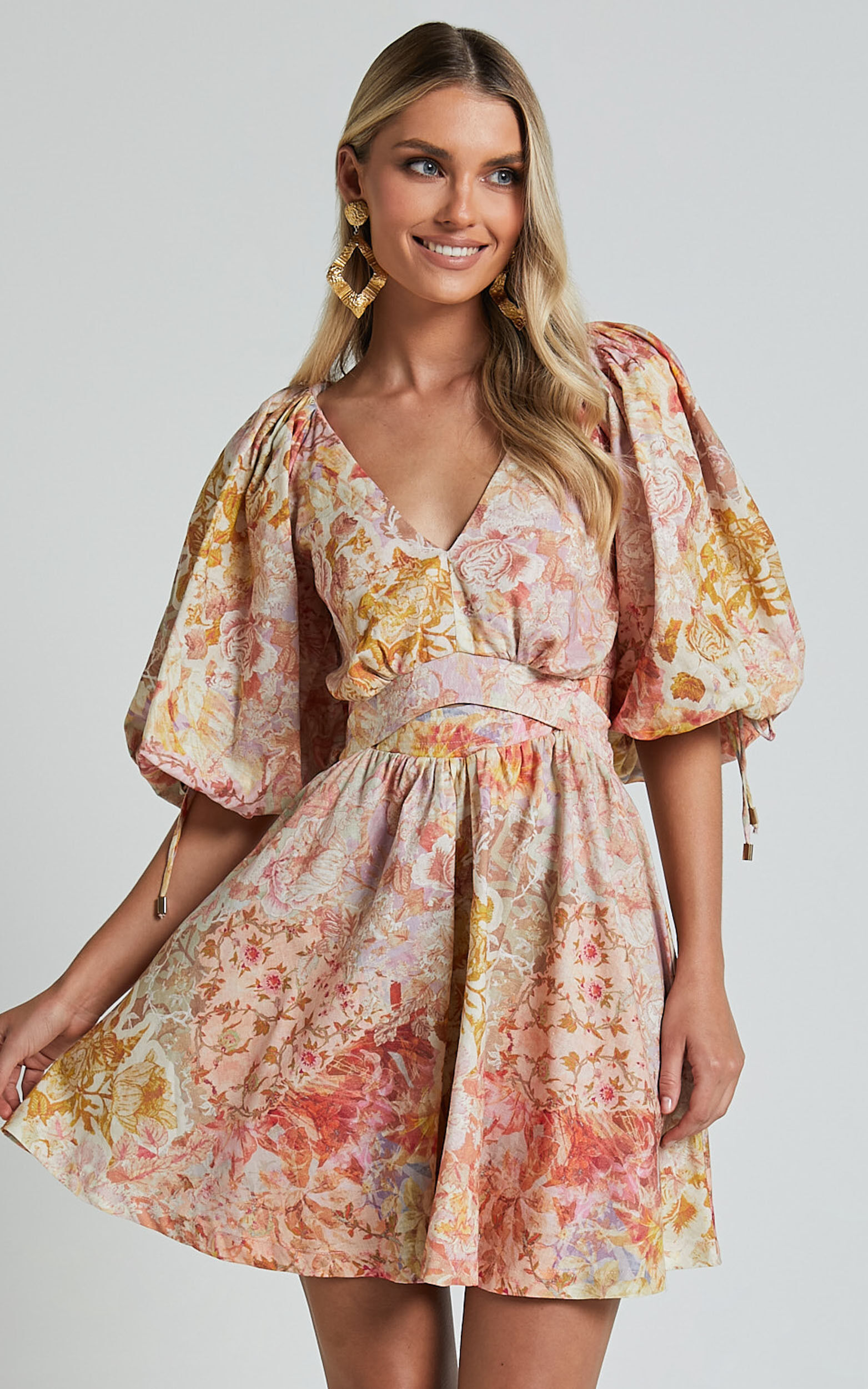 Amalie The Label - Movida Linen Blend Balloon Sleeve Crossover Band Mini Dress in Morocco Print