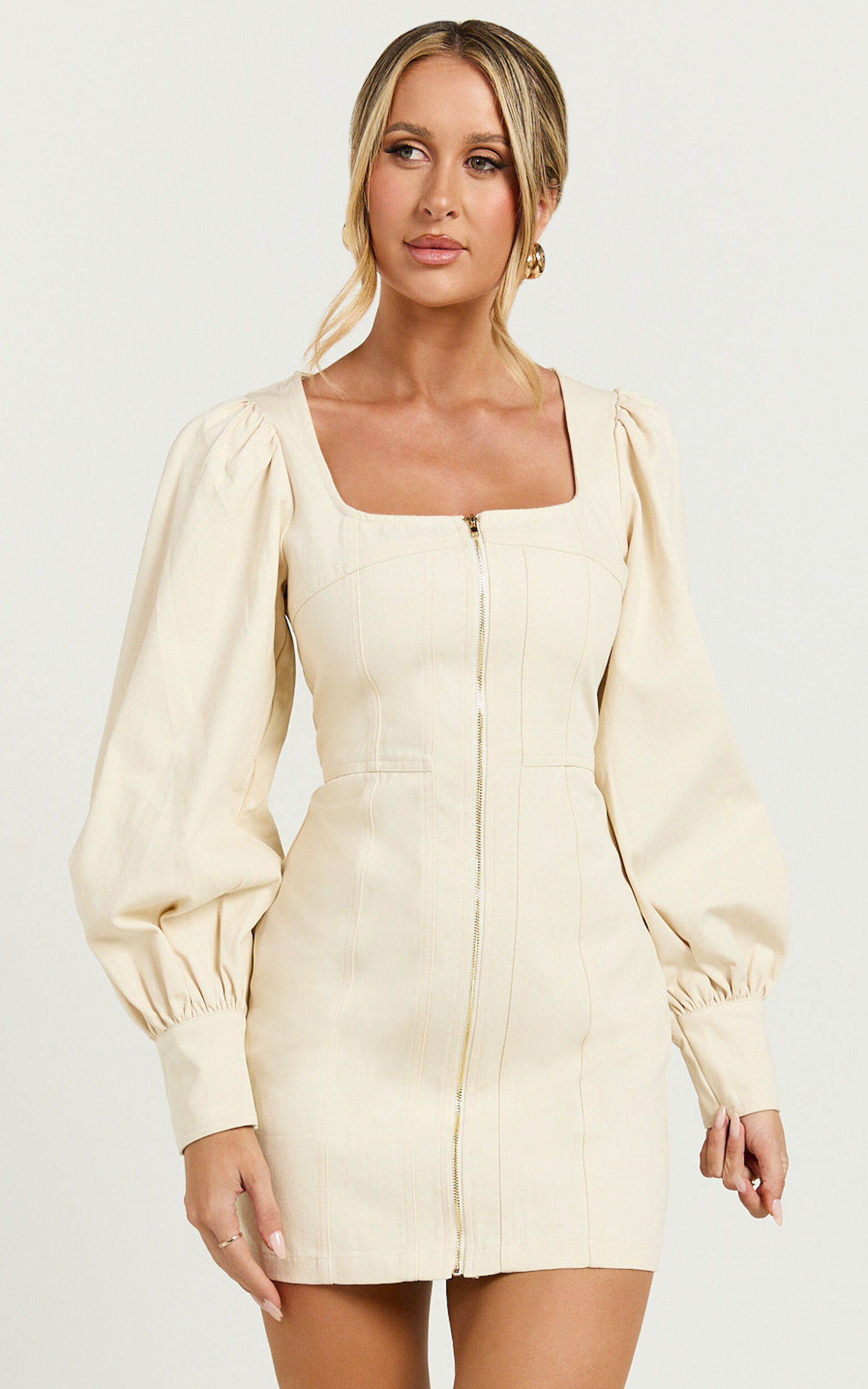 Desiree Mini Dress - Long Sleeve Zip Front Dress in Natural