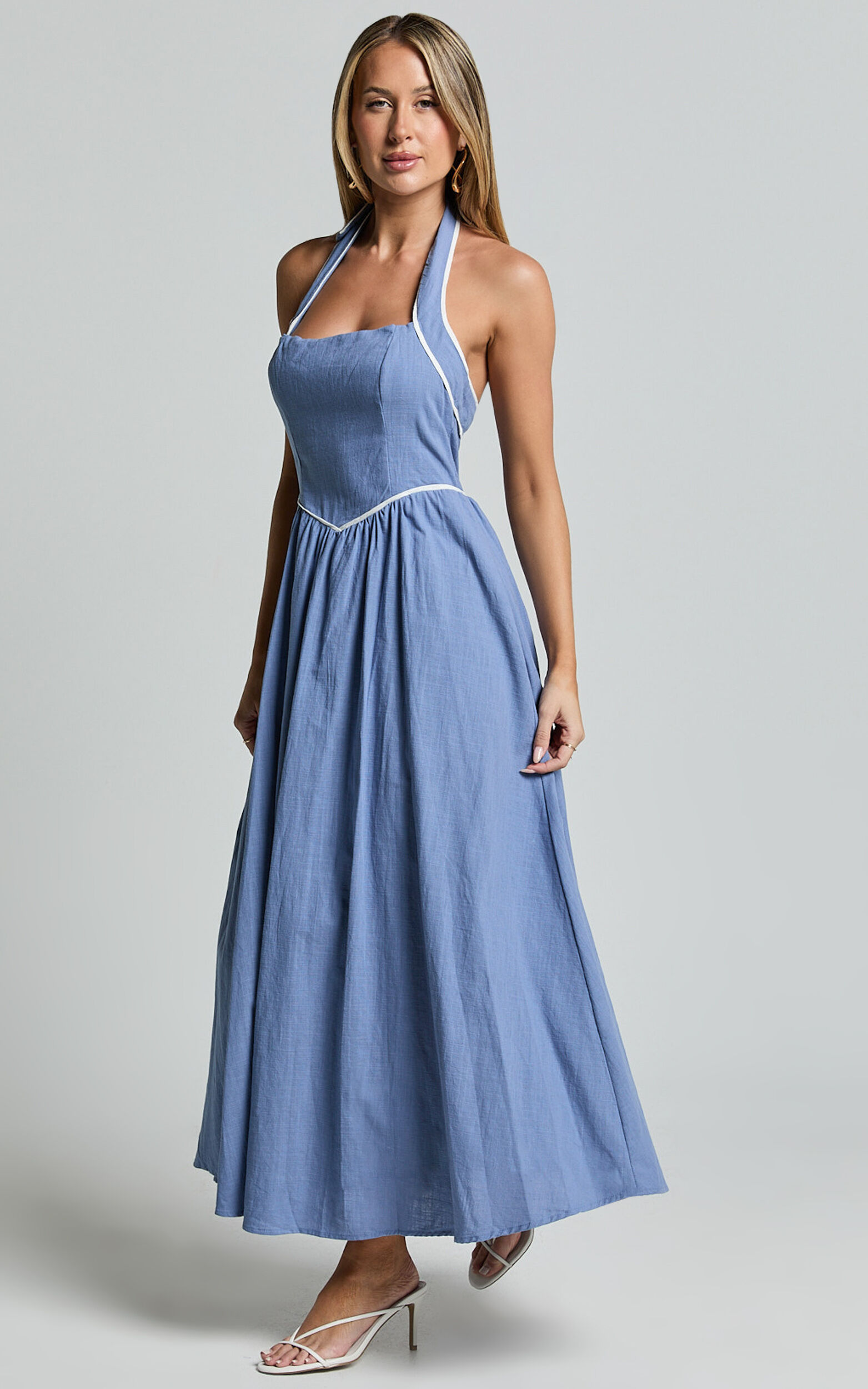 Jesse Midi Dress - Halter Neck Back Tie Dress in Blue