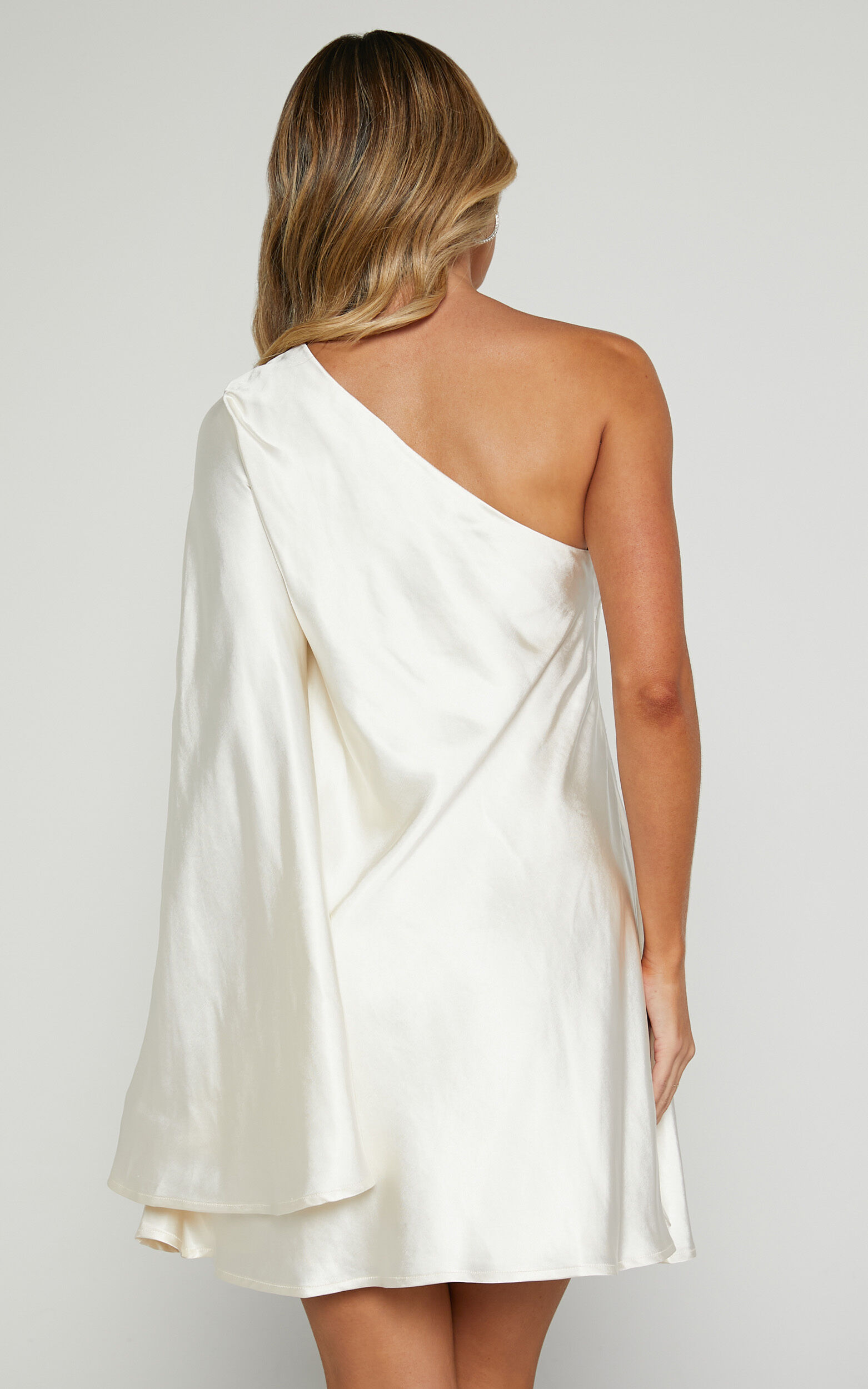 Karla Mini Dress - One Shoulder Long Sleeve Dress in Pearl