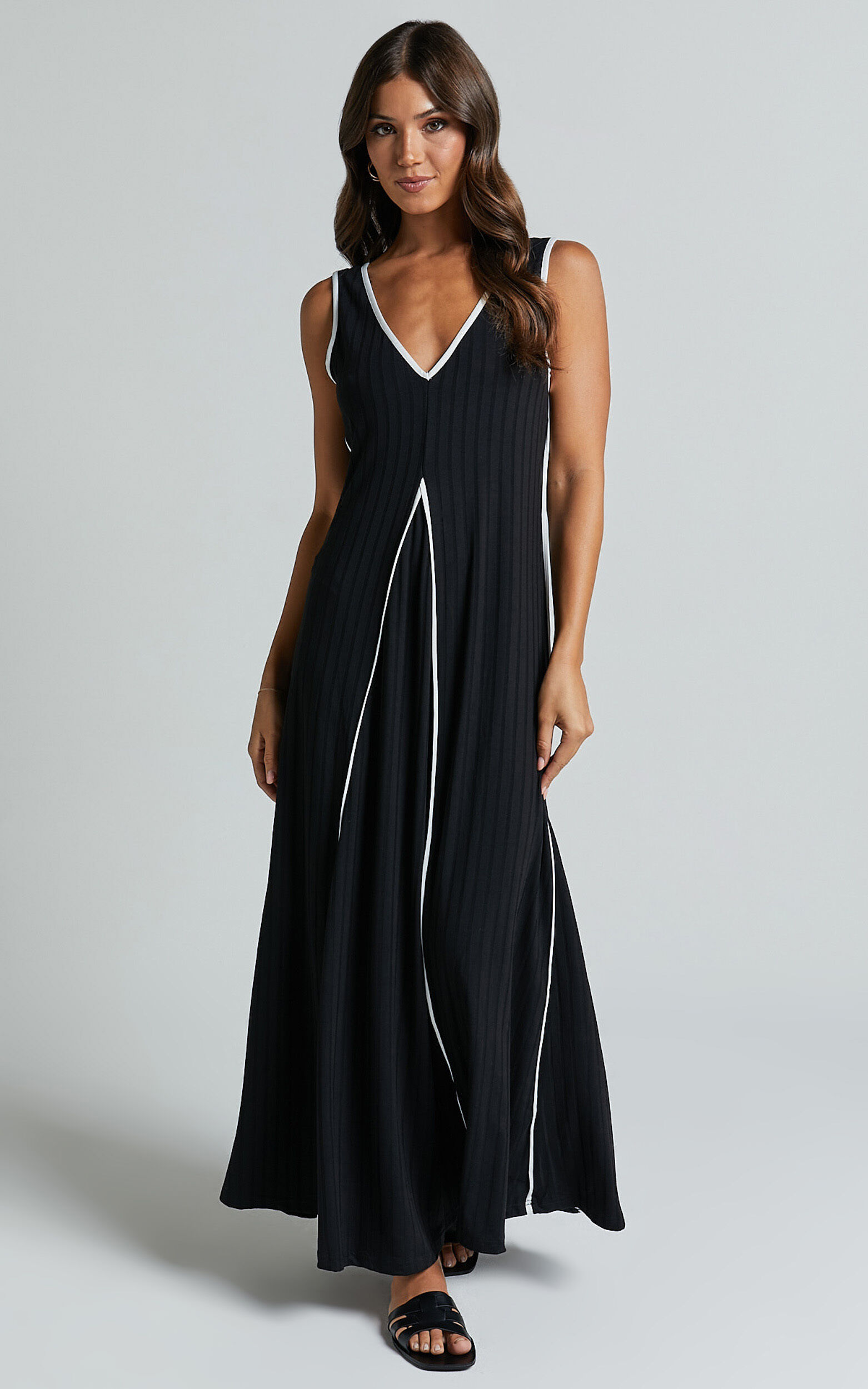 Cathleen Midi Dress - Ribbed Sleeveless Low Back Dress in Black
