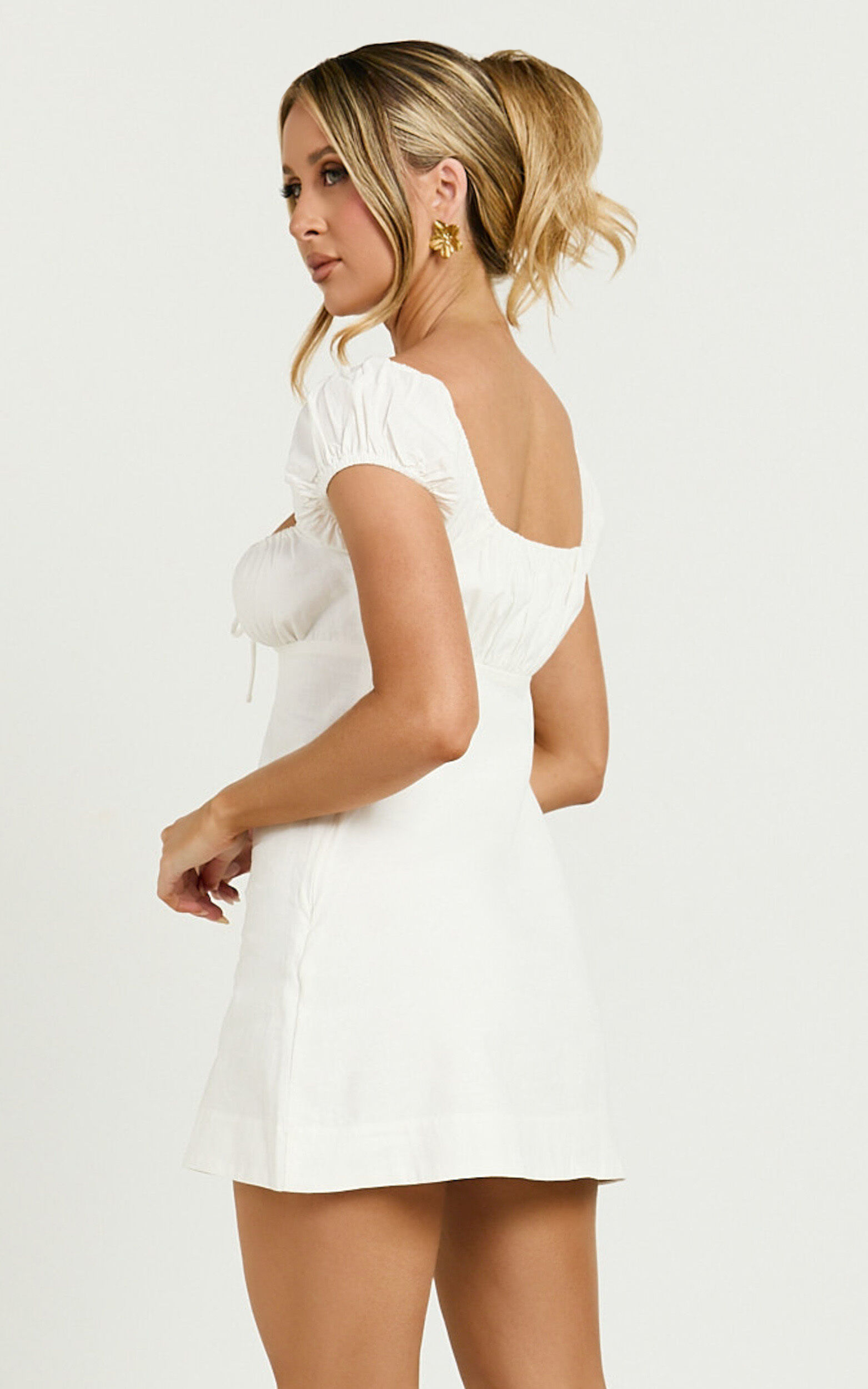 Maddy Mini Dress - Ruched Bust Short Sleeve Dress in White