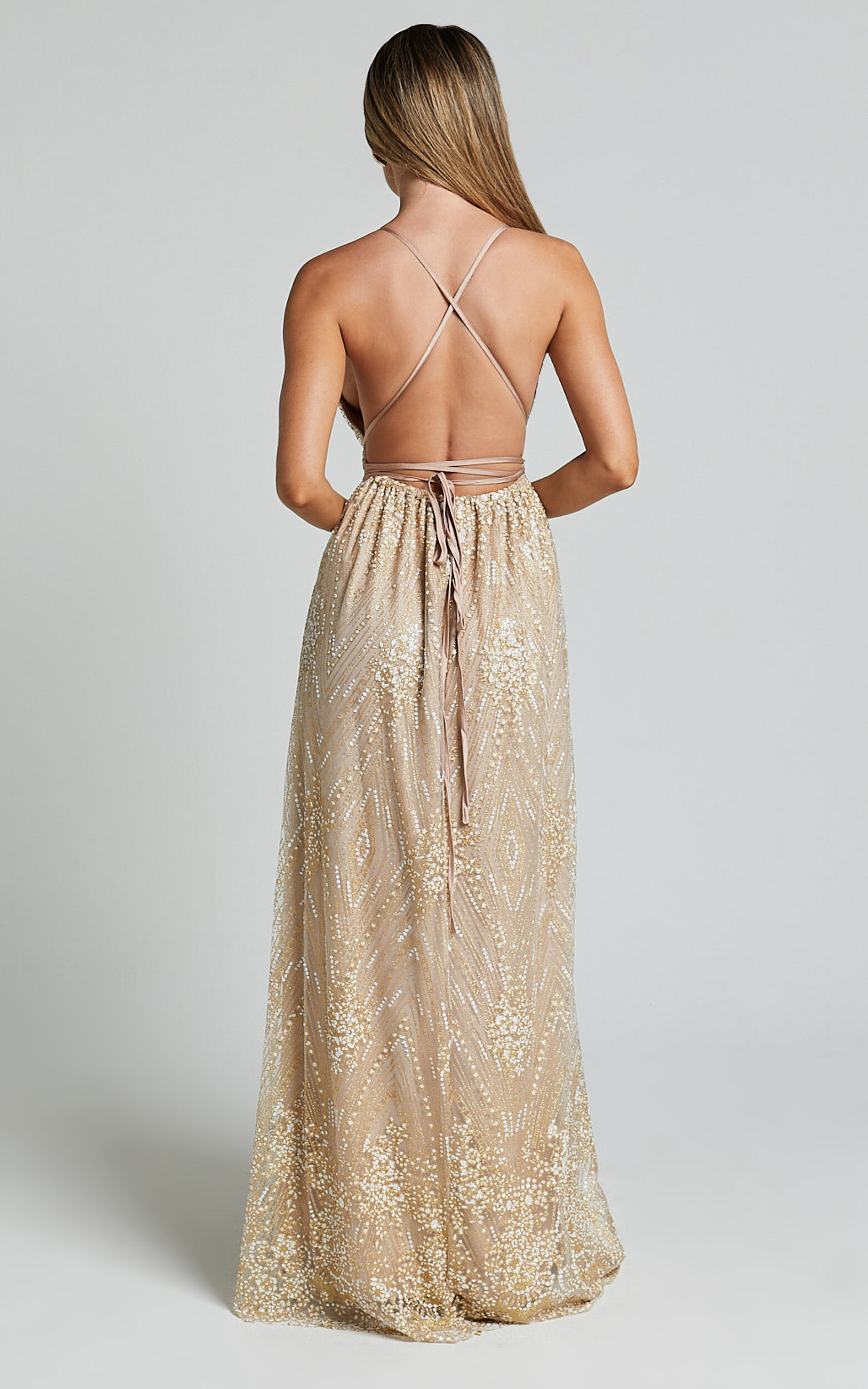 New York Nights Maxi Dress - Sequin Plunge Cross Back Dress in Gold
