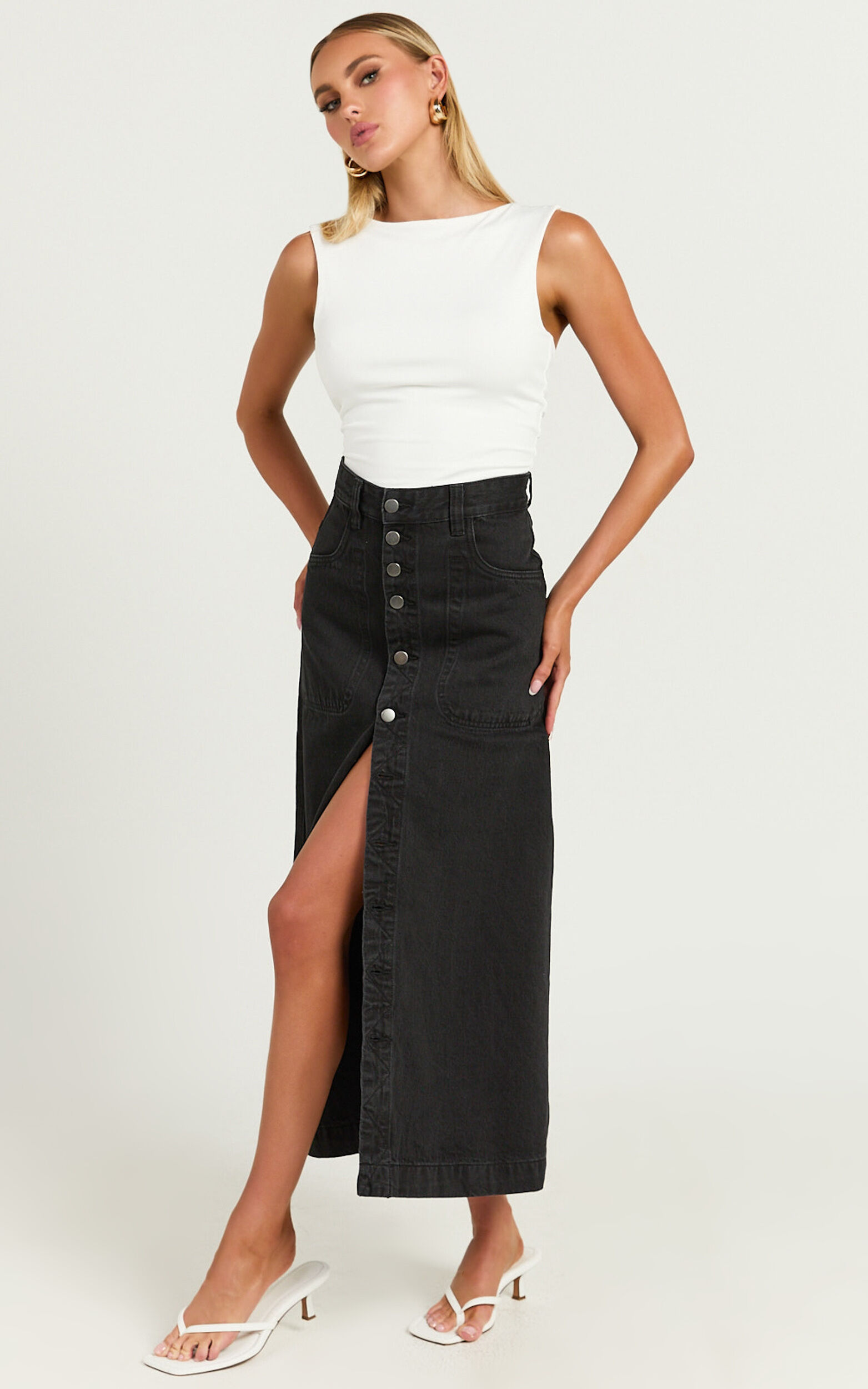 Alisa Midi Skirt - Button Through A Line Denim in Black Wash