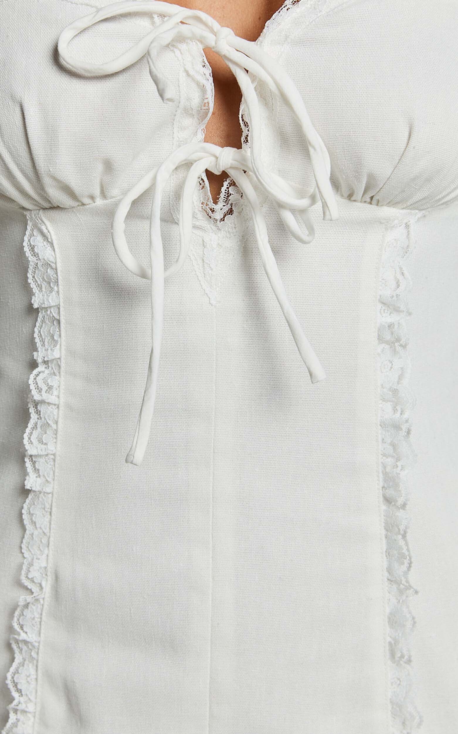 Flynn Mini Linen Dress - Lace Trim Square Neck Tie Front Dress in Ivory