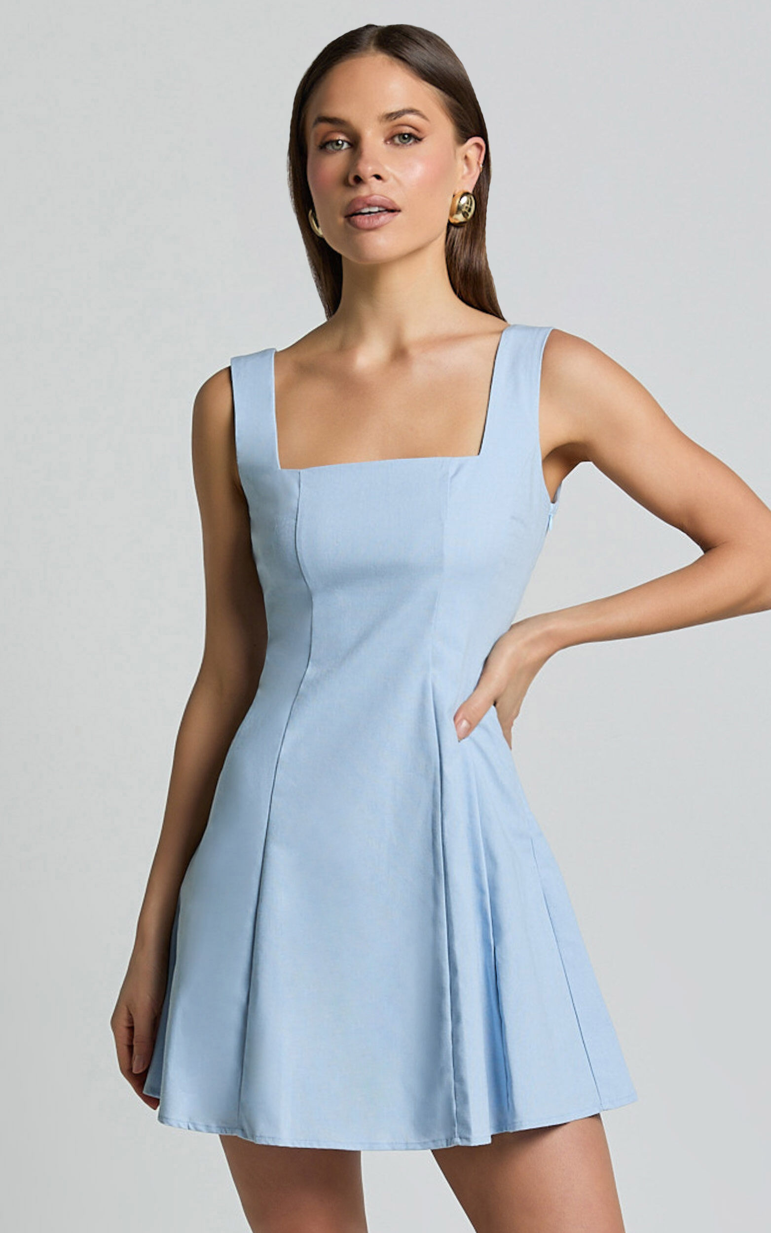 Adiana Mini Dress - Linen Square Neck Shirred Back A Line Dress in Pale Blue