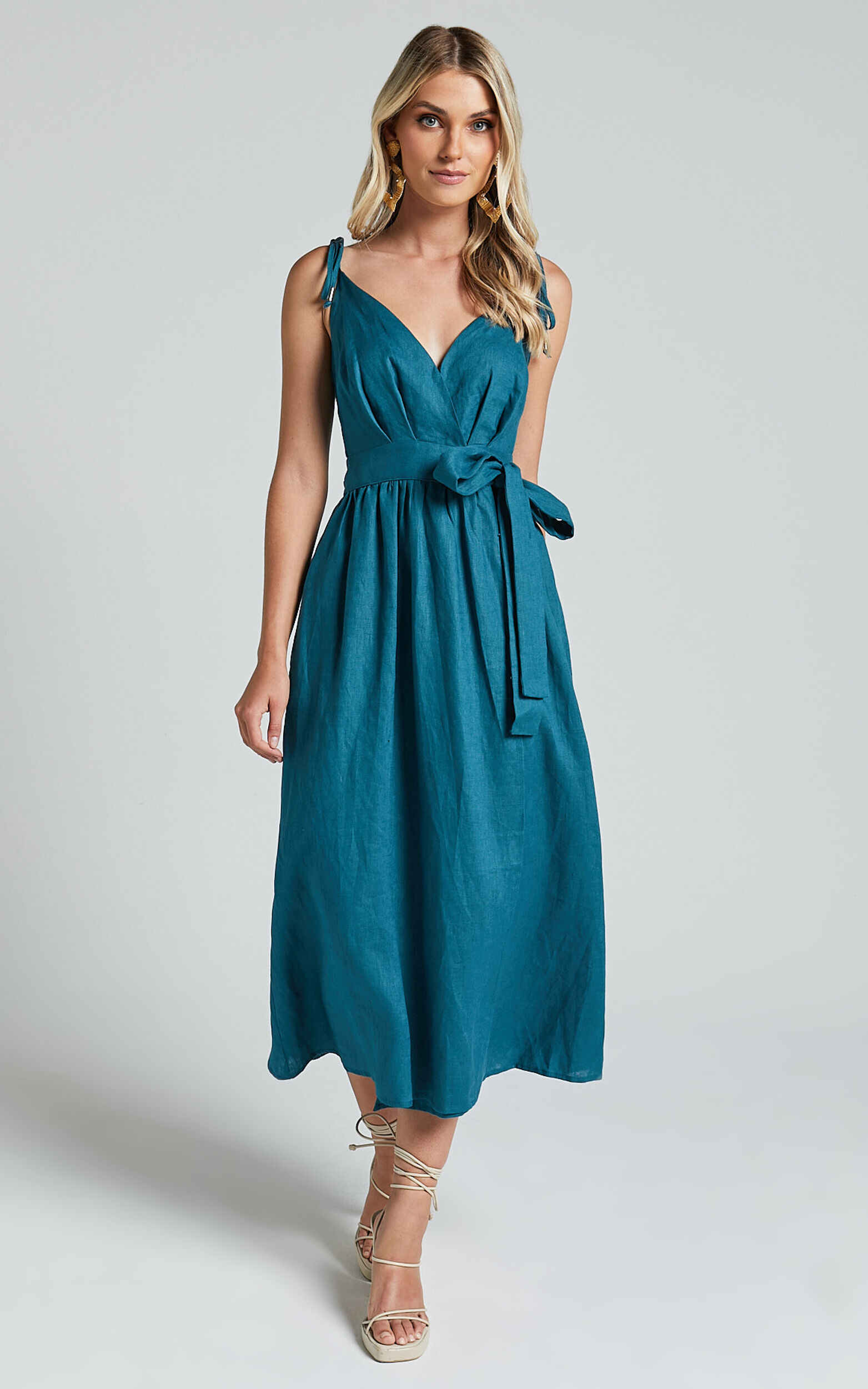 Amalie The Label - Siena Linen Tie Shoulder Wrap Midi Linen Dress in Moss