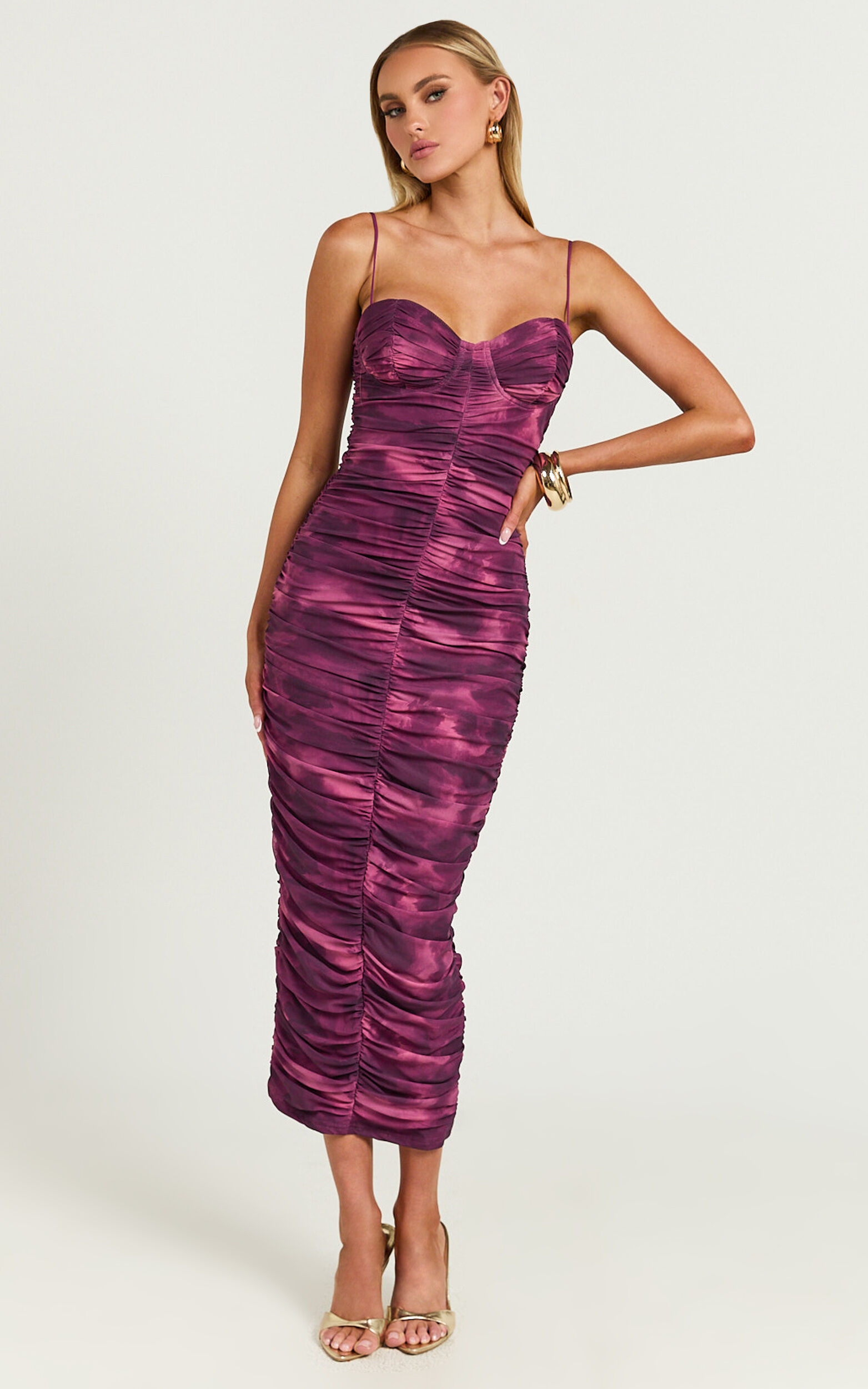 Leanor Midi Dress - Mesh Ruched Bustier Bodycon Dress in Purple Fields