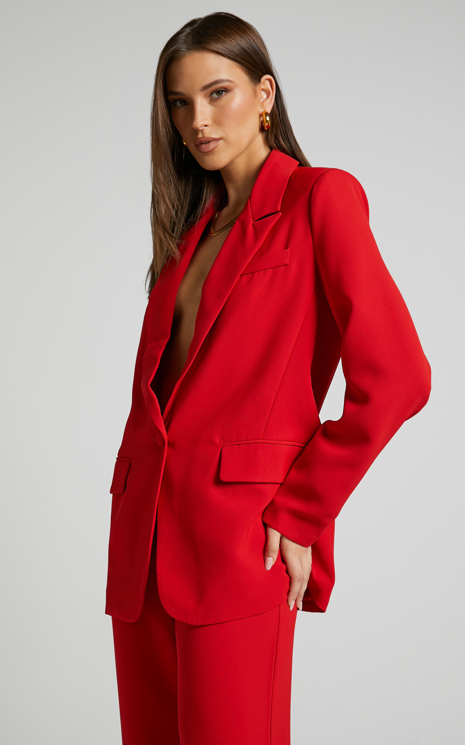 Michelle Blazer - Oversized Plunge Neck Button Up Blazer in Red