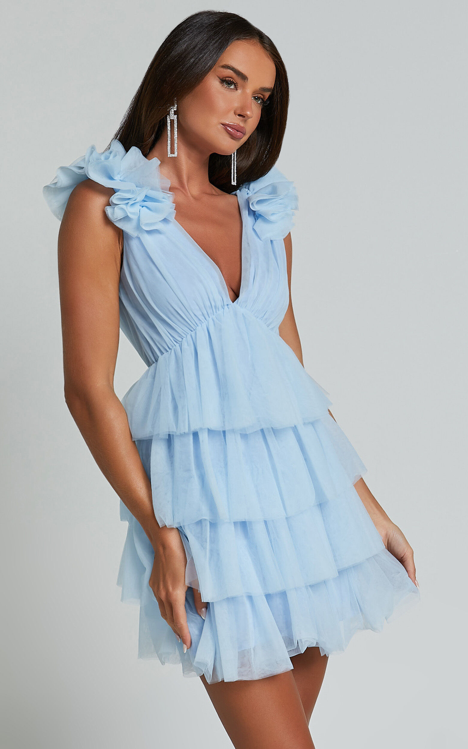 Hayden Mini Dress - Low Back Tulle Tiered Dress in Light Blue