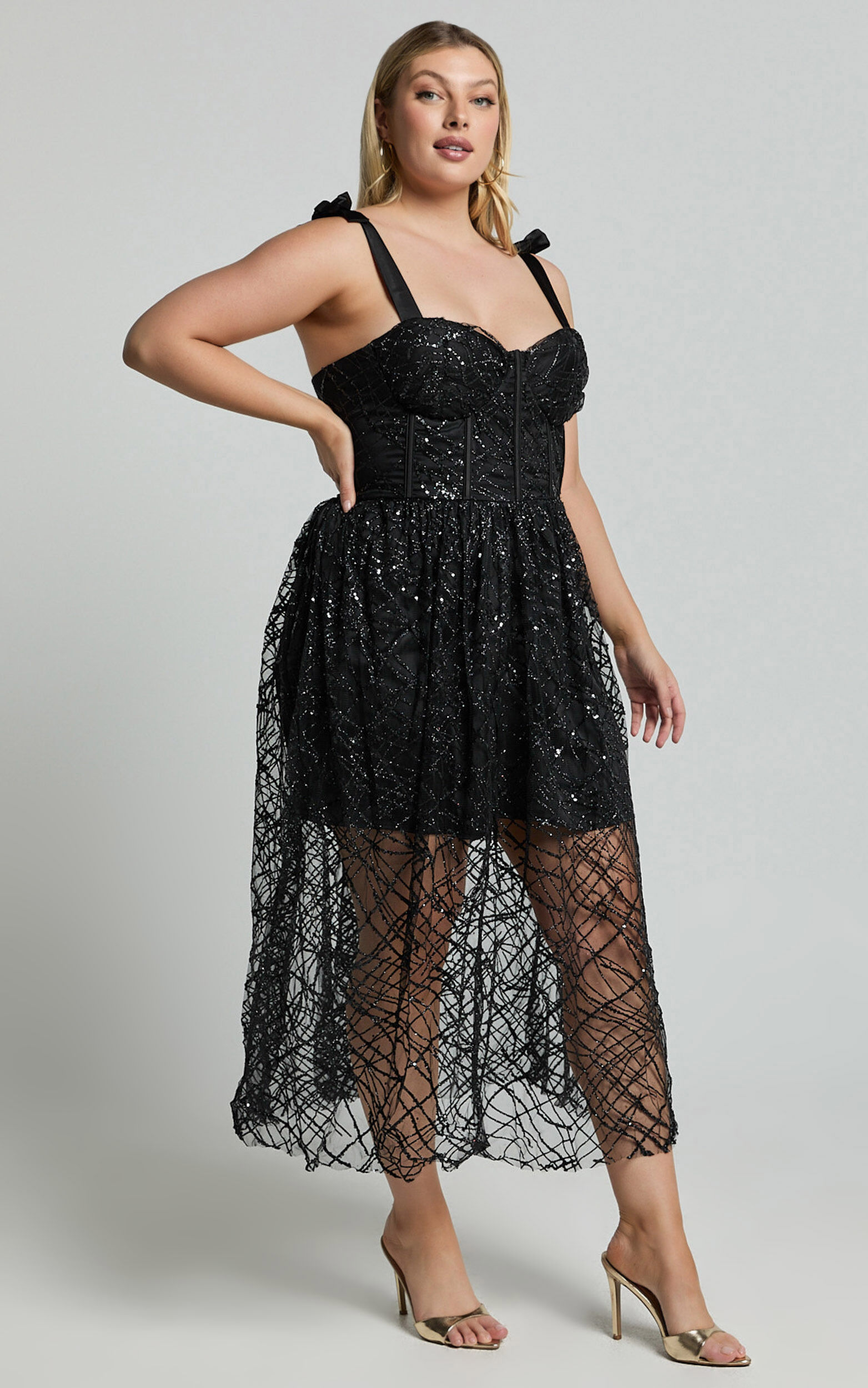 Rimea Midi Dress - Tie Shoulder Bustier Bodice Glitter Tulle Dress in Black