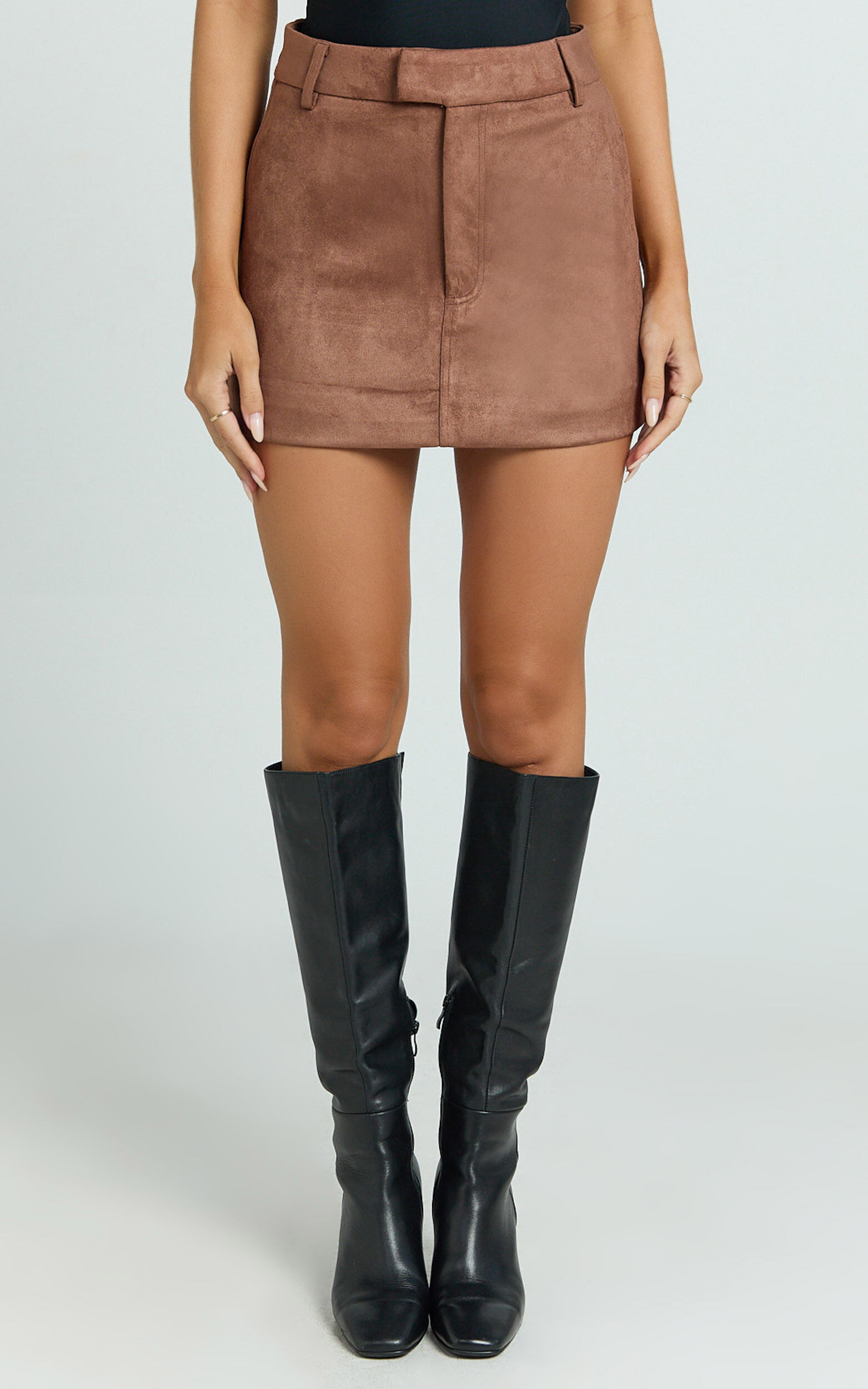 Priscilla Mini Skirt - Mid Waist Faux Suede Skirt in Brown Tan